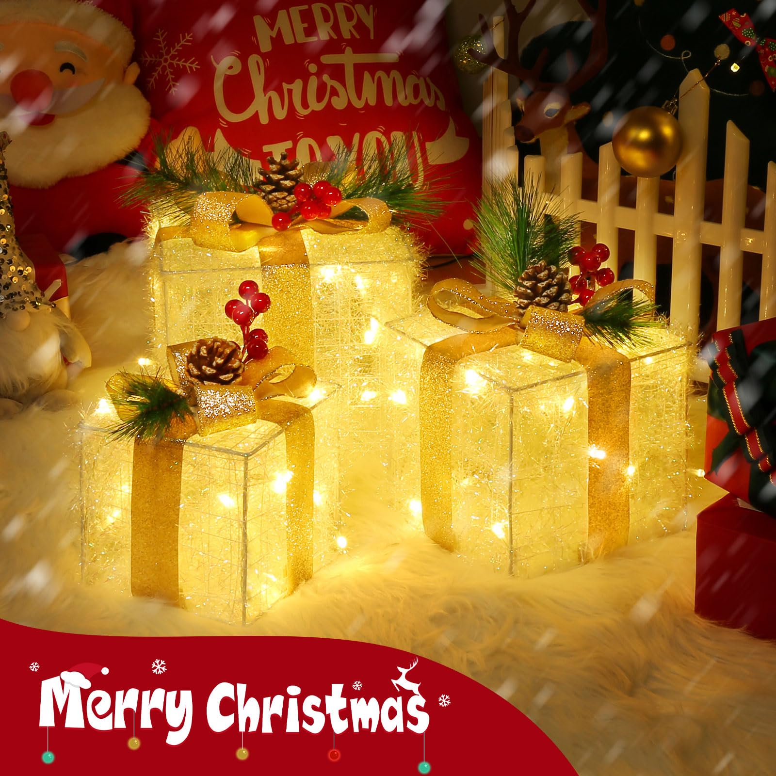 Quntis Juego de 3 Cajas de Regalo Luces de Navidad, Cajas de Luz Decoración | 60LED Cajas de Iluminación Navideña para Árbol de Navidad/Escaparate/Hogar/Fiesta/Boda/Habitación Infantil, Interior/Exterior