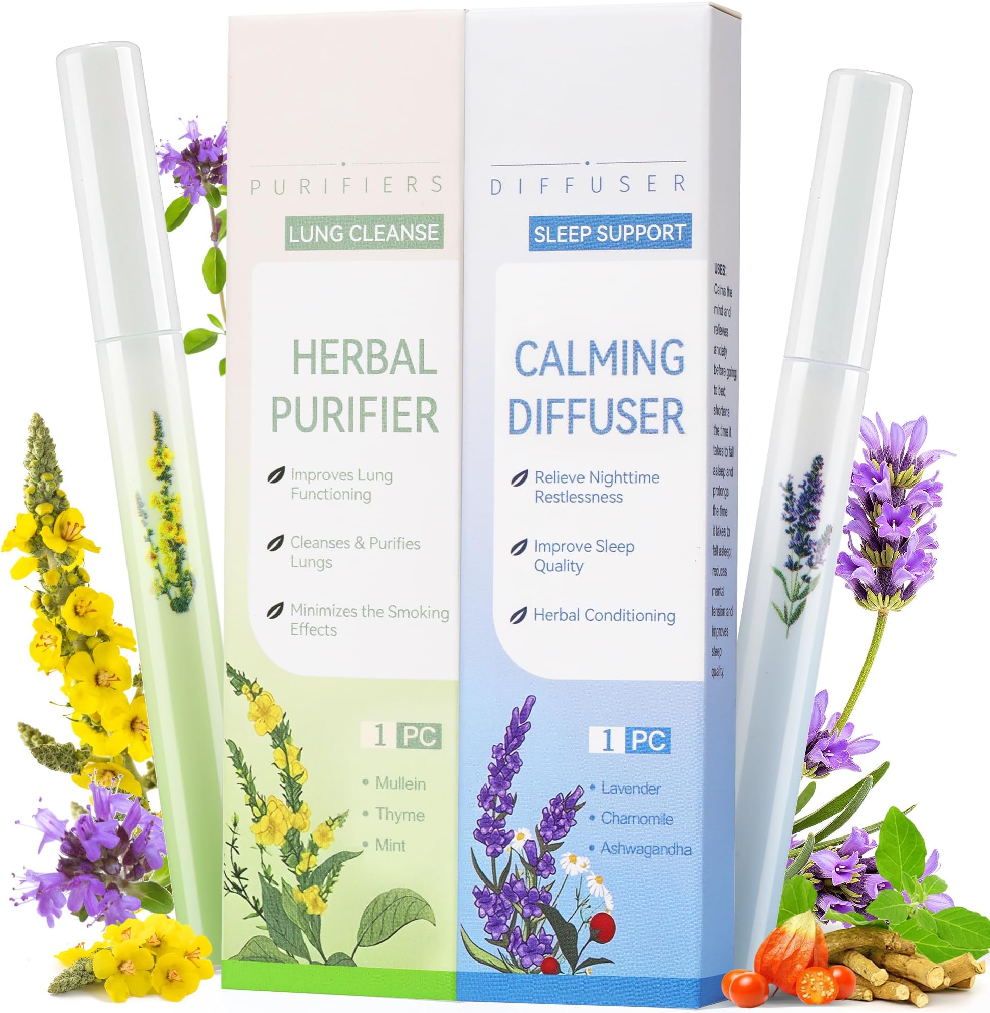 Herbal Diffuser Pen Set, 2 Pack Night & Day Relax Duo with Mullein & Melatonin, for Daytime Fresh Breath, Nighttime Calm Sleep Support, 1200 Total Uses