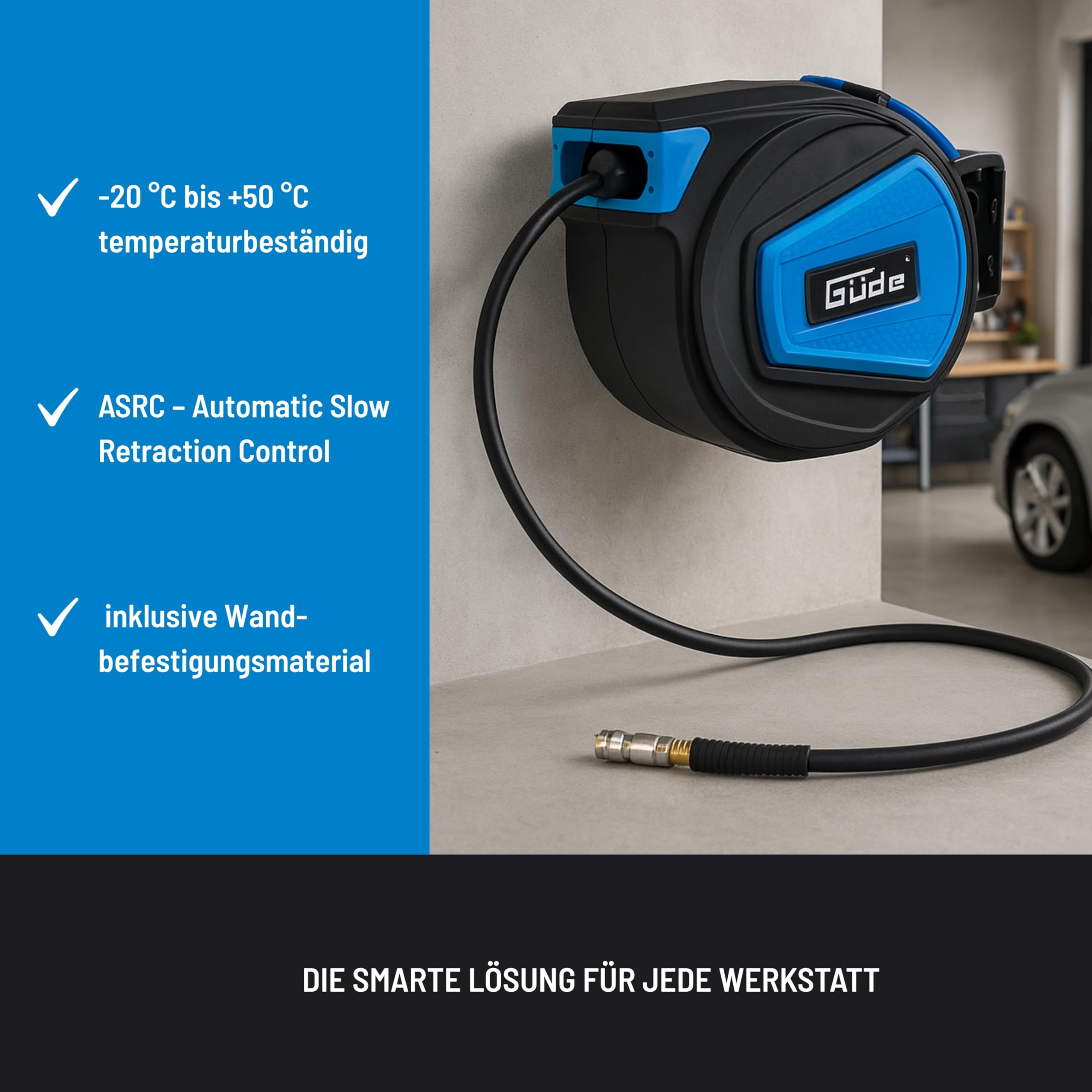 Güde Automatikschlauchtrommel 15 m (12 bar, 180° schwenkbar, Druckluftschlauch Ø 16/9 mm hochflexibel, abriebfest, überfahrbar, chemikalien- und temperaturbeständig, Automatikeinzug, Wandhalterung)
