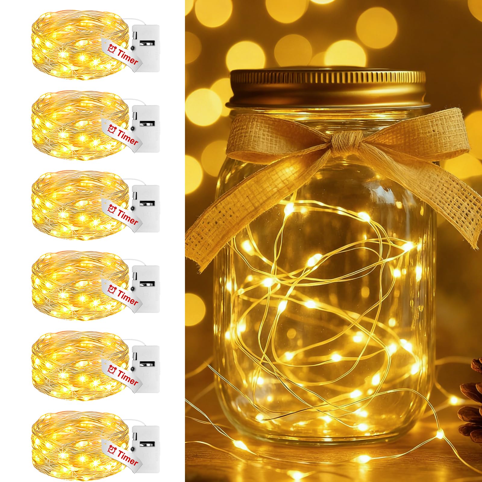 btfarm 3 Modes Fairy Lights Battery Operated with Timer, 6 Pack 2M 20 LED String Light Battery Powered, Waterproof Silver Wire Small Lights Indoor Outdoor Decor for Christmas Jars Bedroom, Warm White — image 1