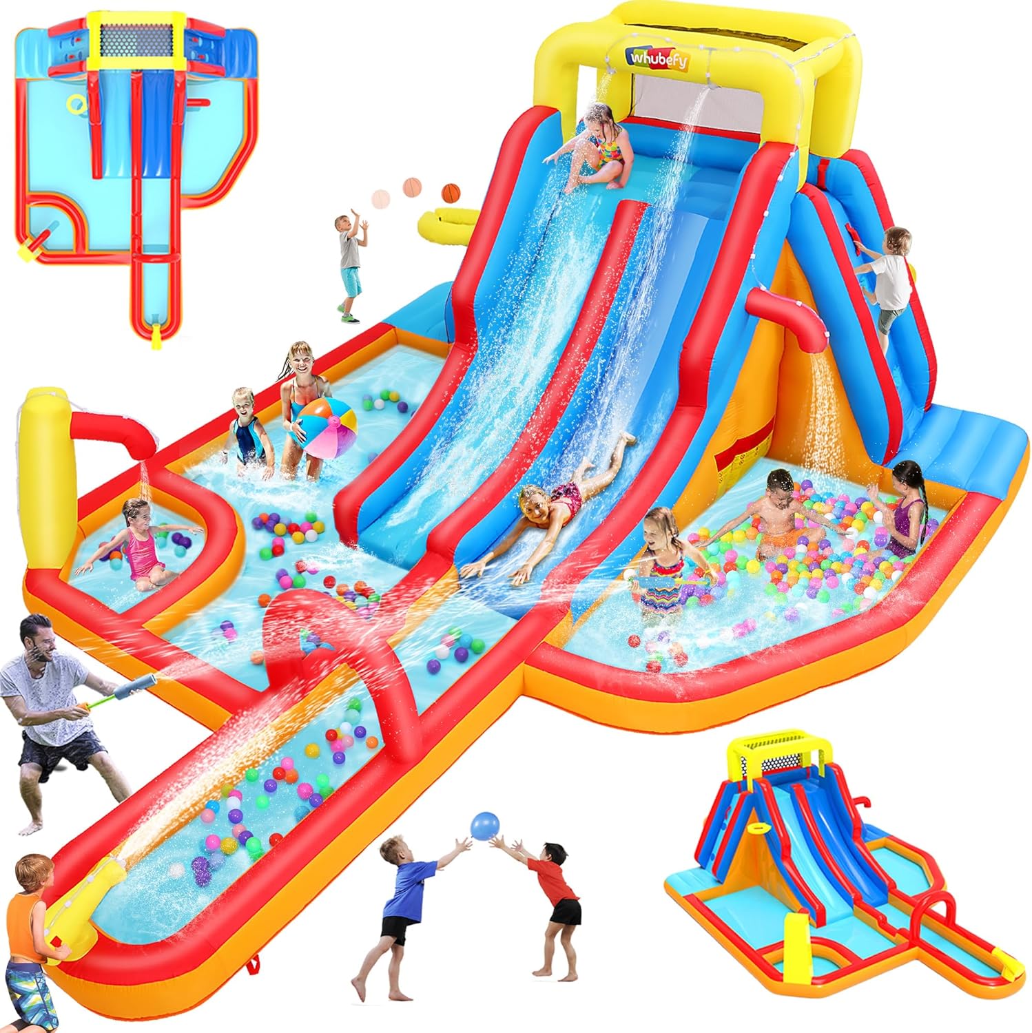Whubefy 19.3Ftx14 Big Inflatable Water Slide for Kids, Extra Long Backyard Waterslide Bounce House w/Dual Lane Surfing Slides, Splash Pool, 15pcs Toys, Blow Up Water Park Hold for 8 Kids, No Blower