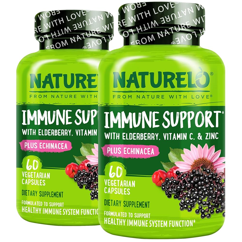 NATURELO Immune Support - Vitamin C, Elderberry, Zinc, Echinacea - Natural Immunity Boost w/Antioxidant, Herbal & Mineral Defense - 60 Vegan Capsules (Pack of 2)