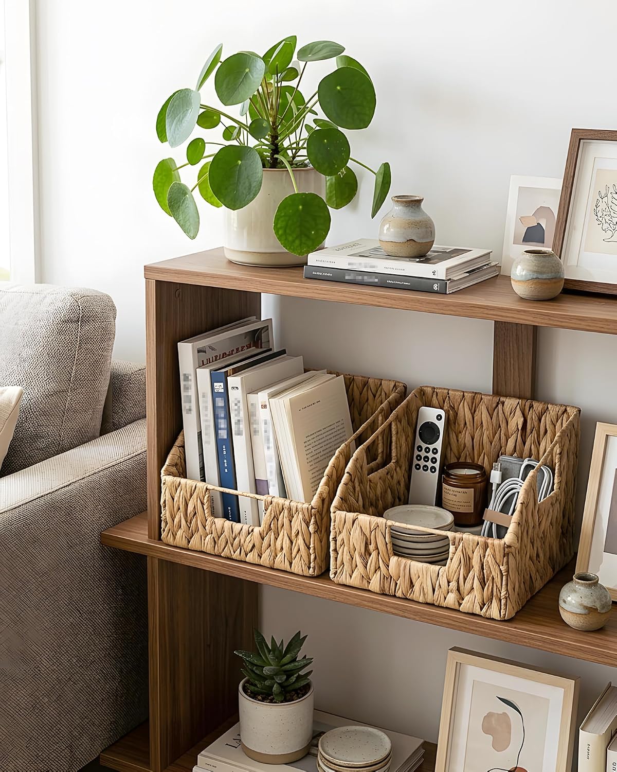 Water Hyacinth Wicker Pantry Basket, 2 Pack | Handwoven Storage Baskets with Built-in Handles for Kitchen Pantry, Cabinets, Cupboards and Shelves