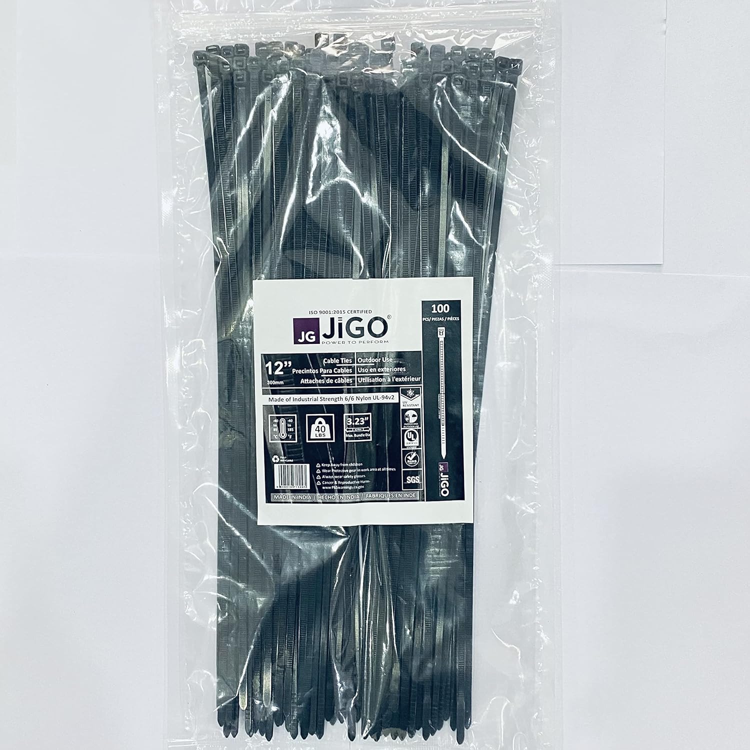 JiGO 100pcs UV Protected Cable Zip Ties 12 Inch, Premium Plastic Wire Ties with 40 Pounds