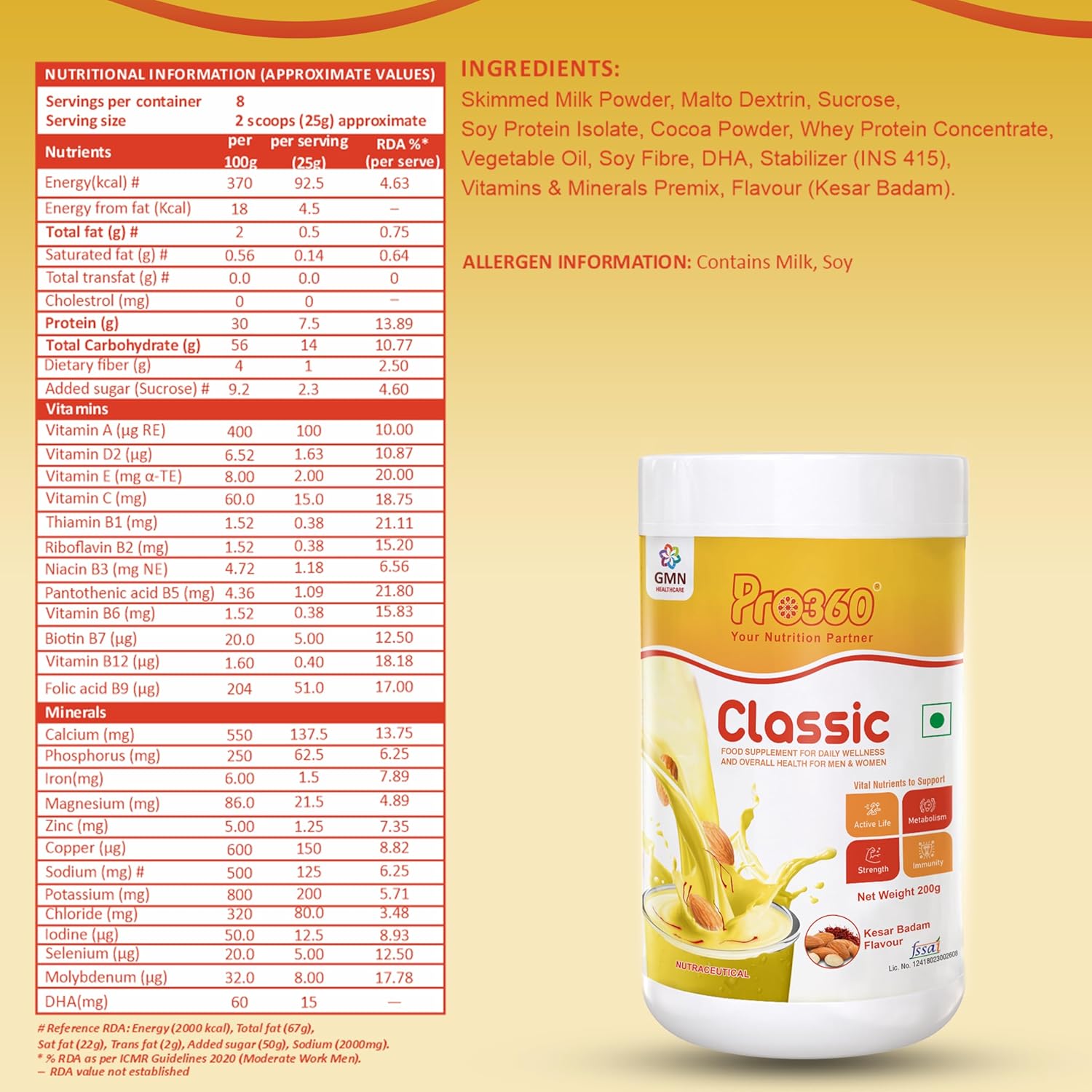 Pro360 Classic Daily Wellness Nutritional Protein Health Supplement Powder for Men and Women - Instant Beverage Mix - 200+200g (Kesar Badam) Pack of 2 Pro360 Classic Daily Wellness Nutritional Protein Health Supplement Powder for Men and Women - Instant Beverage Mix - 200+200g (Kesar Badam) Pack of 2