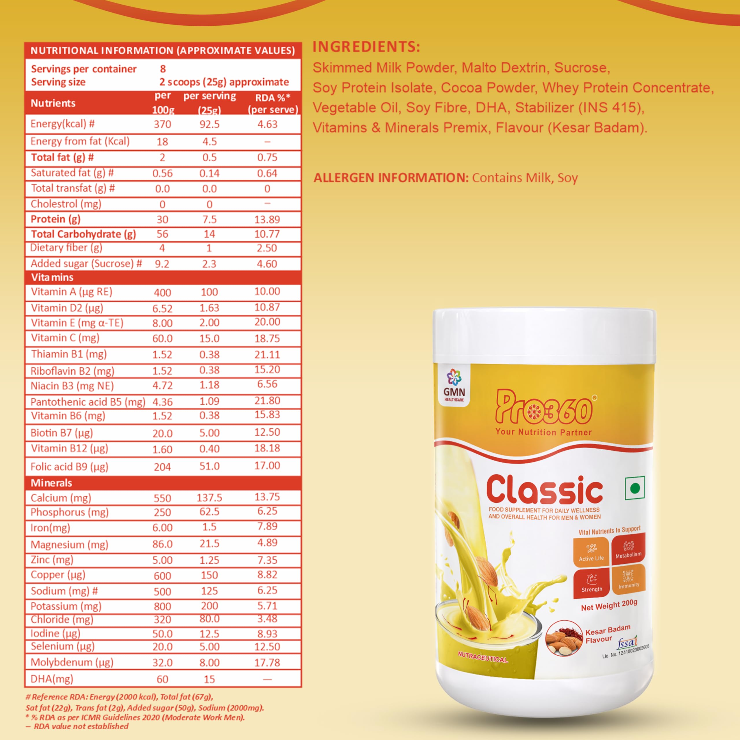 Pro360 Classic Daily Wellness Nutritional Protein Supplement Powder for Men and Women - Instant Beverage Mix - 200+200g (Kesar Badam) Pack of 2 — Amazon image 3