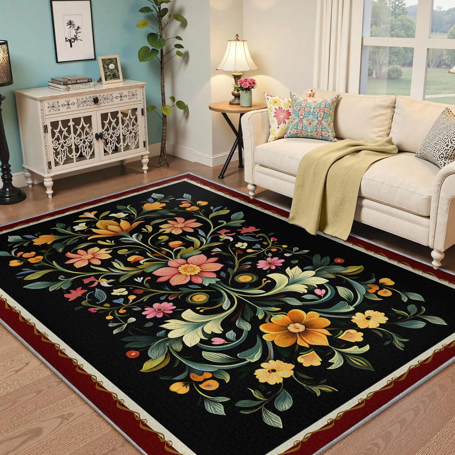 Tapis d'espace salon floraux aux motifs fleurs traditionnels