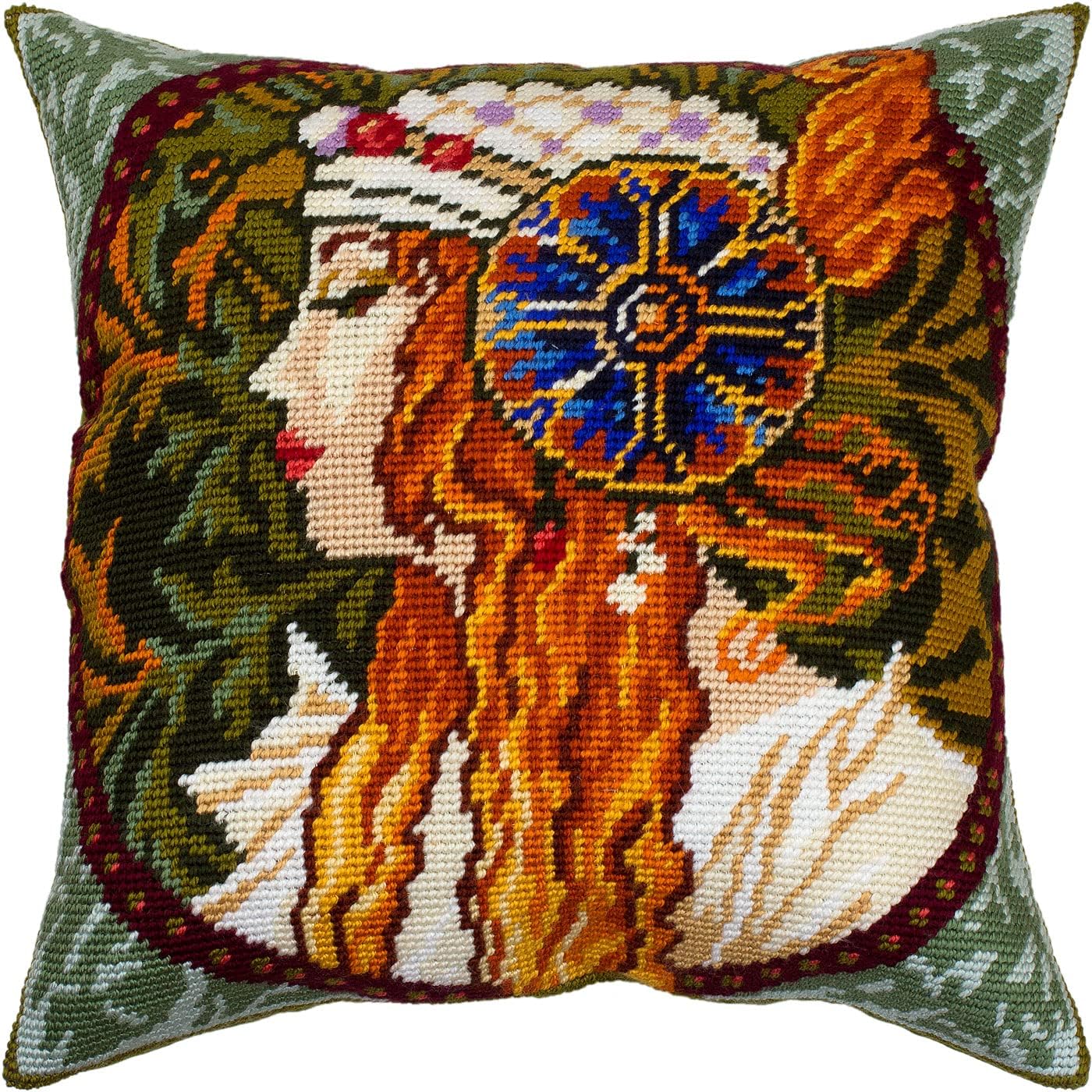 Brvsk Art Noveau Needlepoint Kit for Adults and Beginners — Byzantine Head. The Blonde by Alphonse Mucha 16″ × 16″ with Clear, Precise Printed Design on Cotton Canvas; Includes Needles and Yarn