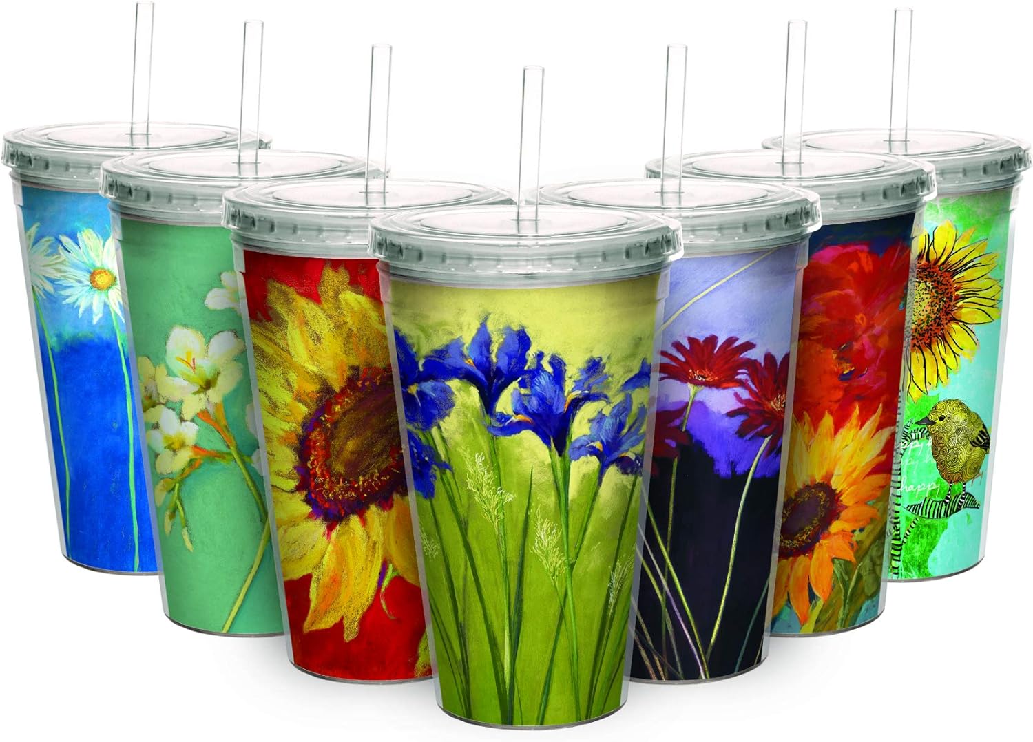 Irises on Green Travel Tumbler with Straw - Double Wall Acrylic - 16 oz.