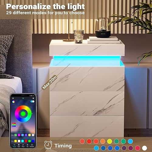 Miniatura 5 de ADORNEVE Mesita de noche con estación de carga y luces LED,Mesita de noche con tapa deslizante para dormitorio, mesita de noche con cajones, mesa