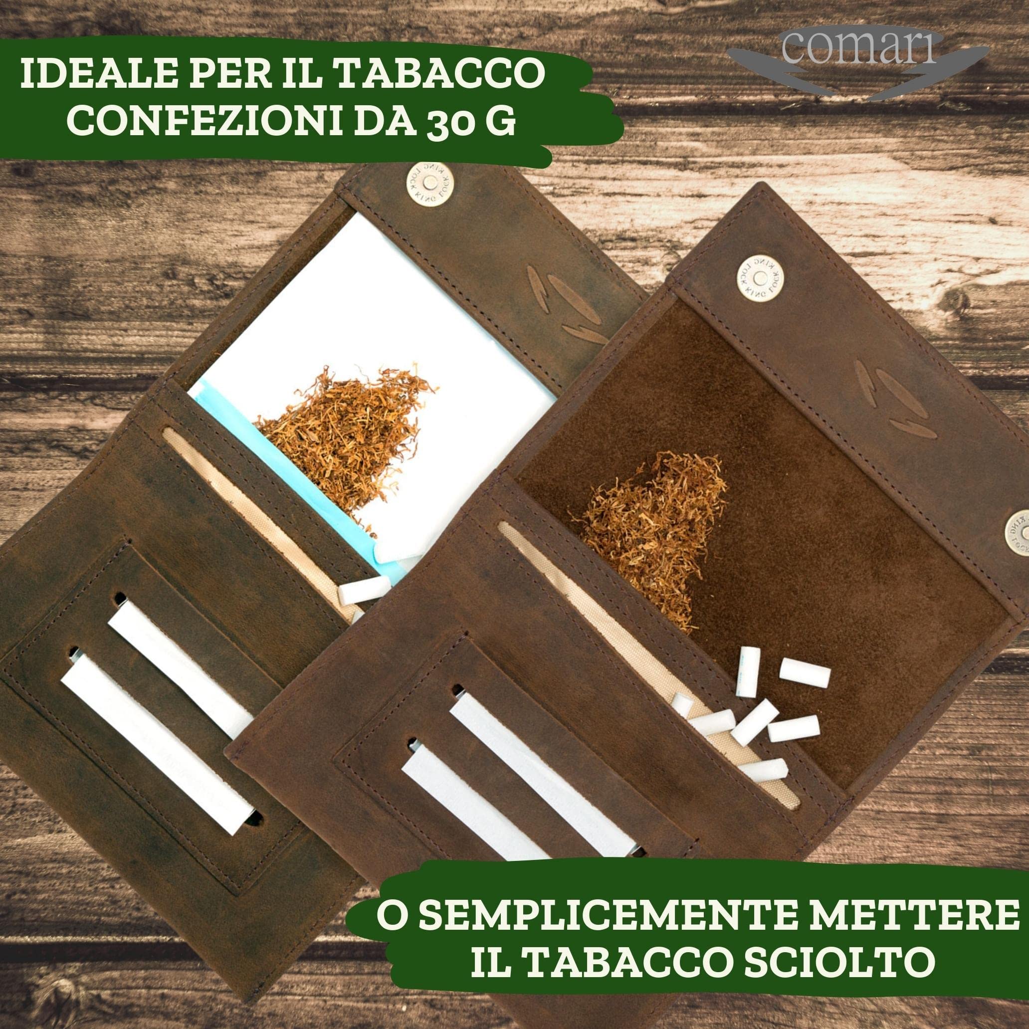 Premium Porta-Tabacco in Pelle con incisione, 2 Scomparti Extra per Cartine Doppia e Filtri, Bottoni Magnetici, Astuccio Tabaco Cuoio(Marrone Vintage)