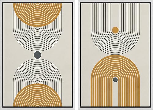 Miniatura 73 de IDEA4WALL Lienzo enmarcado para pared, juego de arte Bauhaus dorado de mediados de siglo, patrón de cuadrícula moderna, ilustraciones con formas