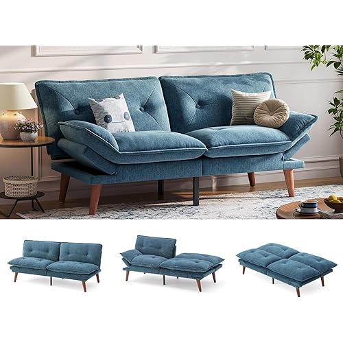 LINSY HOME 70" Futon Sofa Bed, Convertible Futon Loveseat with Adjustable Backrest and Armrest, Comfy Folding Sleeper Sofa Couches for Small Spaces Living Rooms Apartment Office, Blue