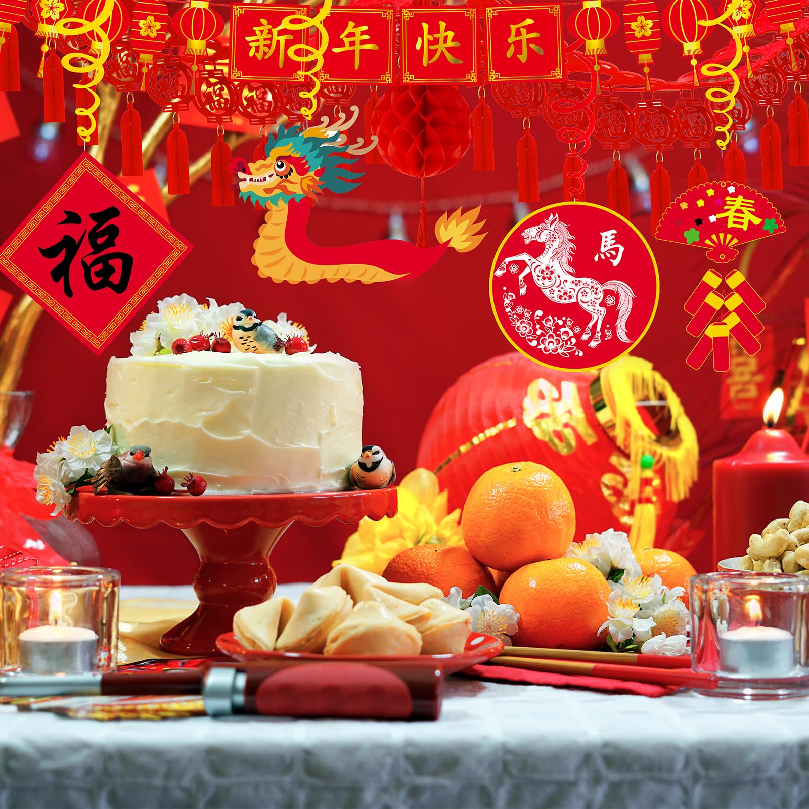 Winlyn Bulk Capodanno cinese Decorazioni per feste orientali da appendere lanterne rosse ghirlanda fortunata festa turbinii Capodanno Banner a nido d'ape palle per Capodanno lunare asiatico Capodanno