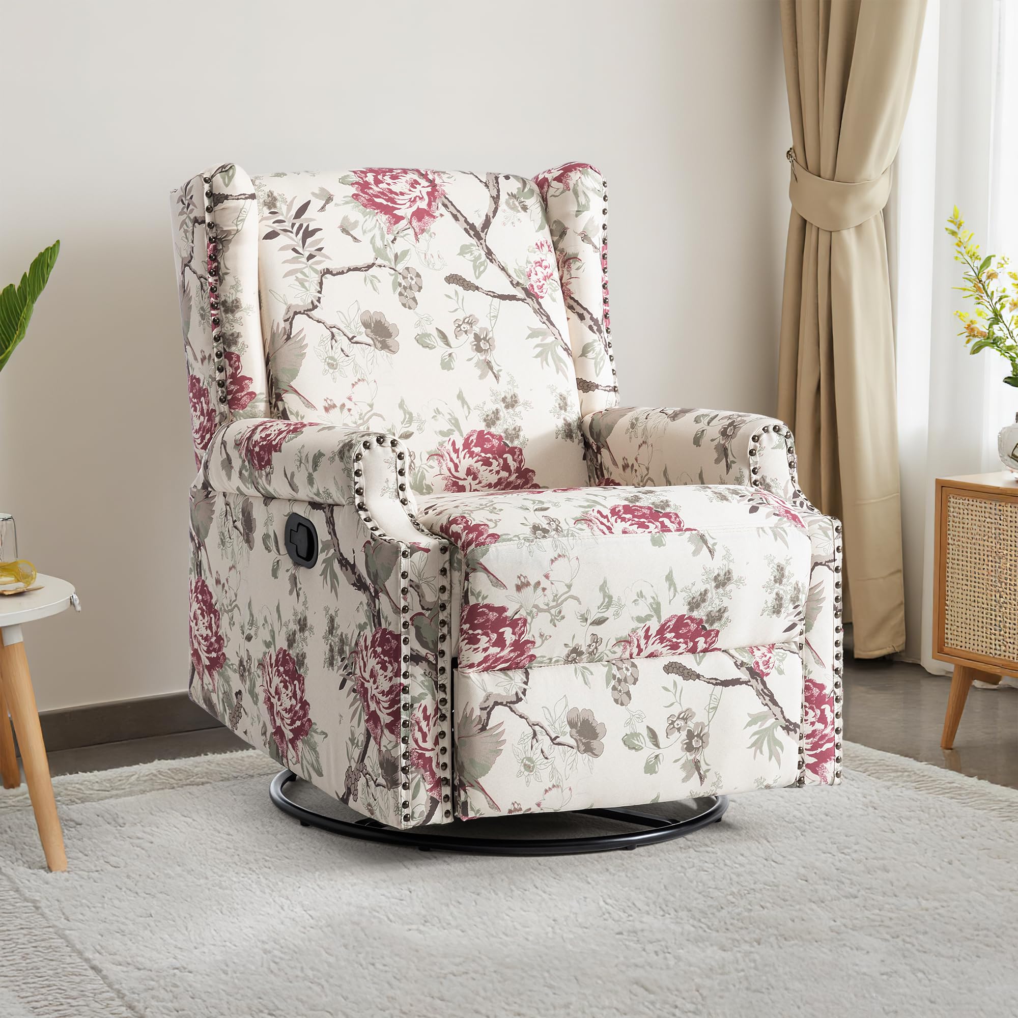 Wingback Swivel Rocker Recliner Chair, Floral Glider Chair, Plants Floral