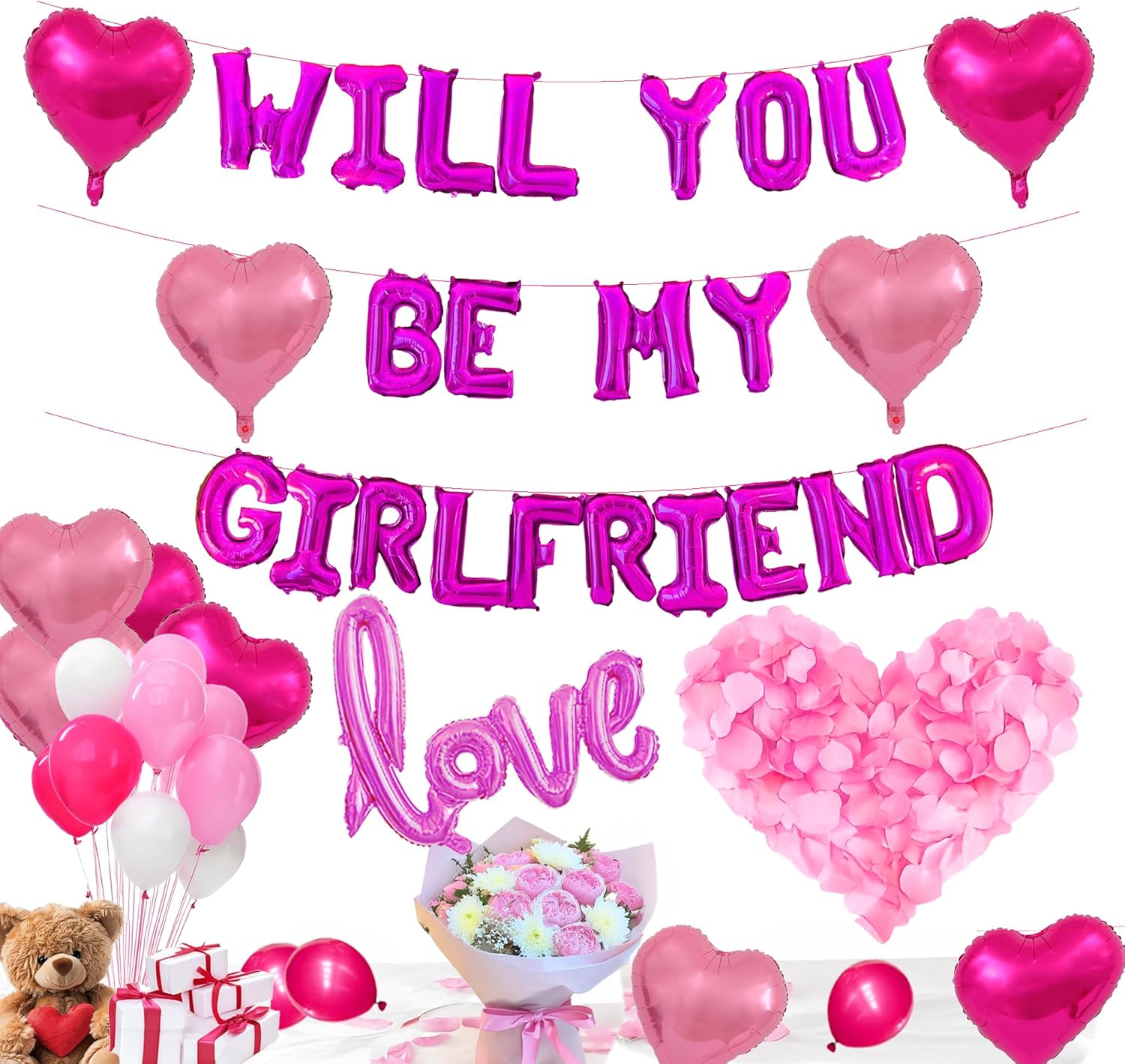 Will You Be My Girlfriend Balloons 60pcs pink hot pink and white balloon kit Include 18 Inch Heart Shaped Balloons and 1000 Pink Artificial Rose Petals Romantic Decoration Kit for Valentines Party thumbnail