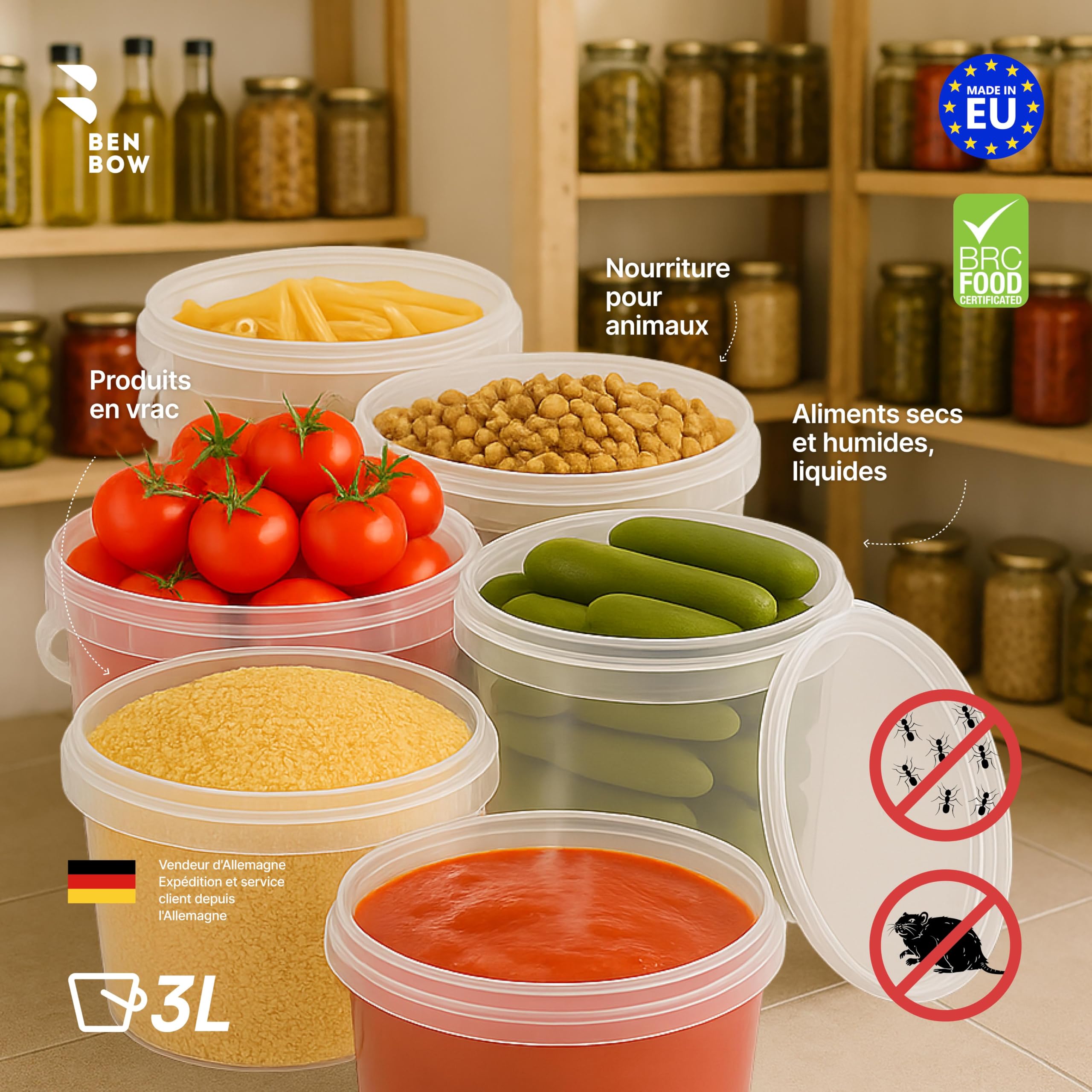 BenBow Seau avec Couvercle 3l Transparent 20x 3 litres - Convient pour Aliments, Stable, étanche à l'air, Anti-Fuite, inodore - Seau en Plastique - Vide