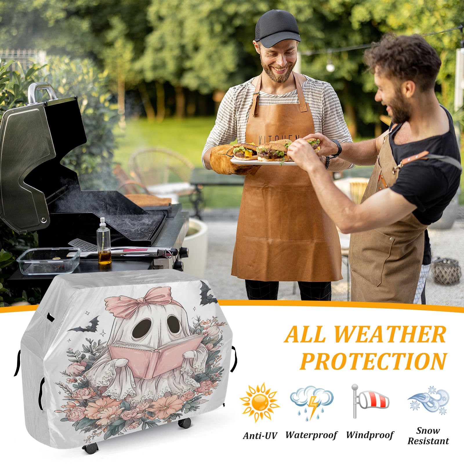 Copertura per barbecue impermeabile di alta qualità, resistente allo sbiadimento, resistente, adatta per griglie fino a 25 cm in stile vettoriale pulito con simpatici personaggi fantasmi fantasmi sono