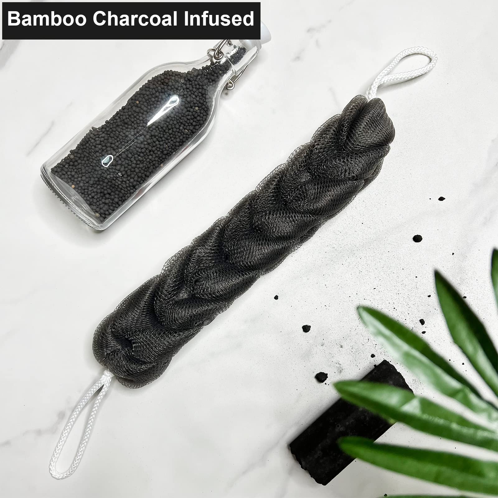 PPHAO - Paquete de 3 esponjas de carbón para ducha - Esponja larga de lufa para mujer - Esponja de baño - Esponja de lufa para la ducha exfoliante para hombres y mujeres - 21.5 pulgadas - Loofah negra