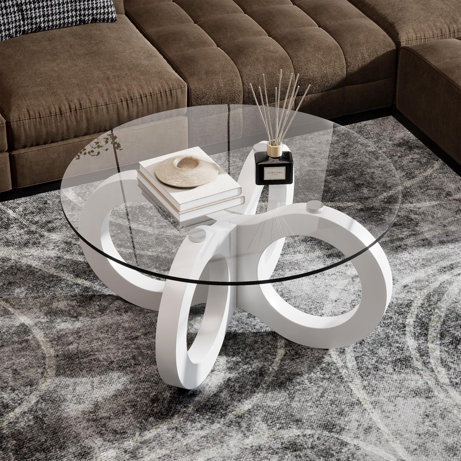 TWSOUL Mesa de centro de cristal, mesas de centro redondas, elegante mesa de cristal con estructura curvada, mesa de salón moderna, mesas de centro de lujo, 80 cm, para salón (patas blancas)