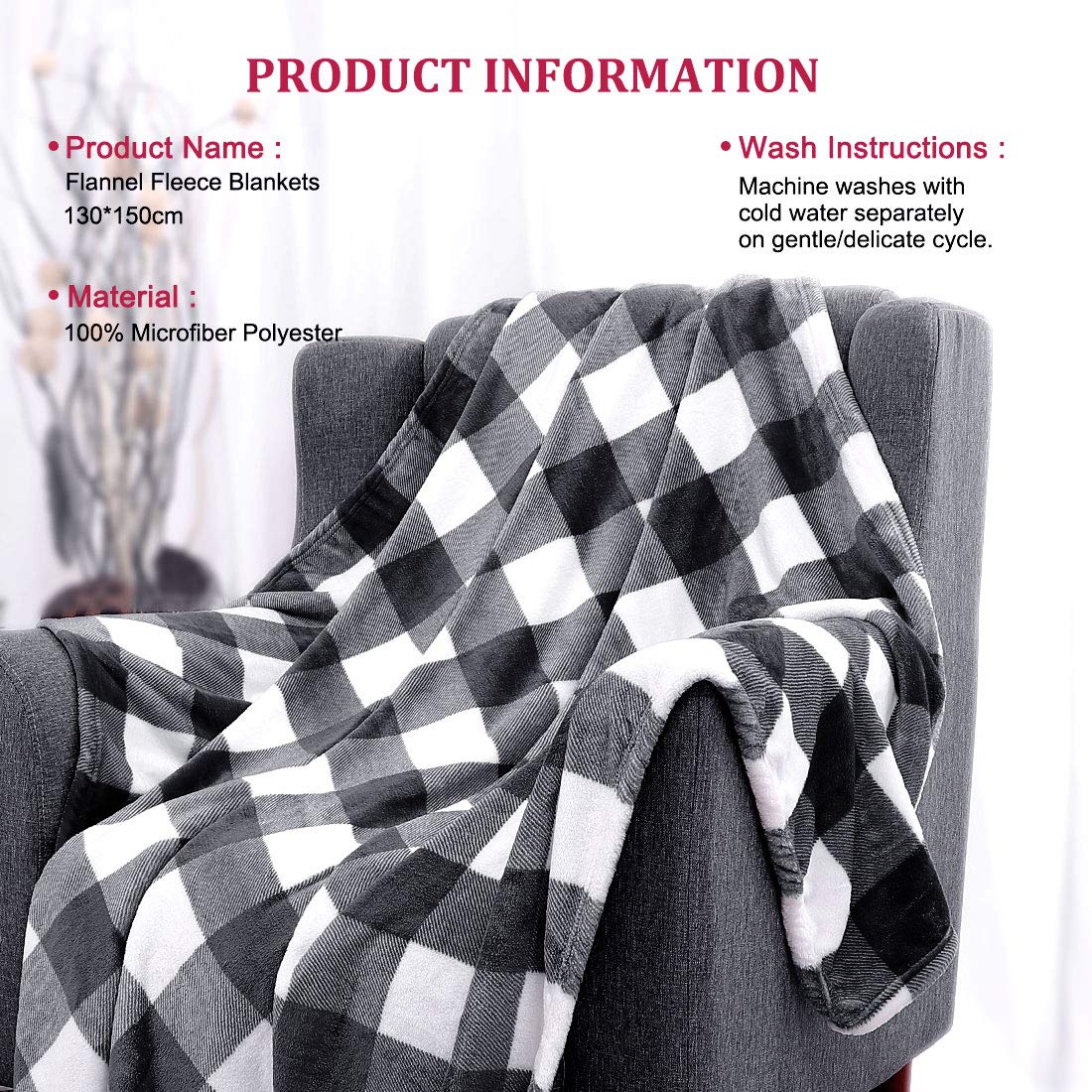 PICCOCASA Couverture Plaid Lit pour Canapé en Molleton Flanelle Peluche Carreaux Buffalo Chaude Noir et Blanc 130 x 150 cm