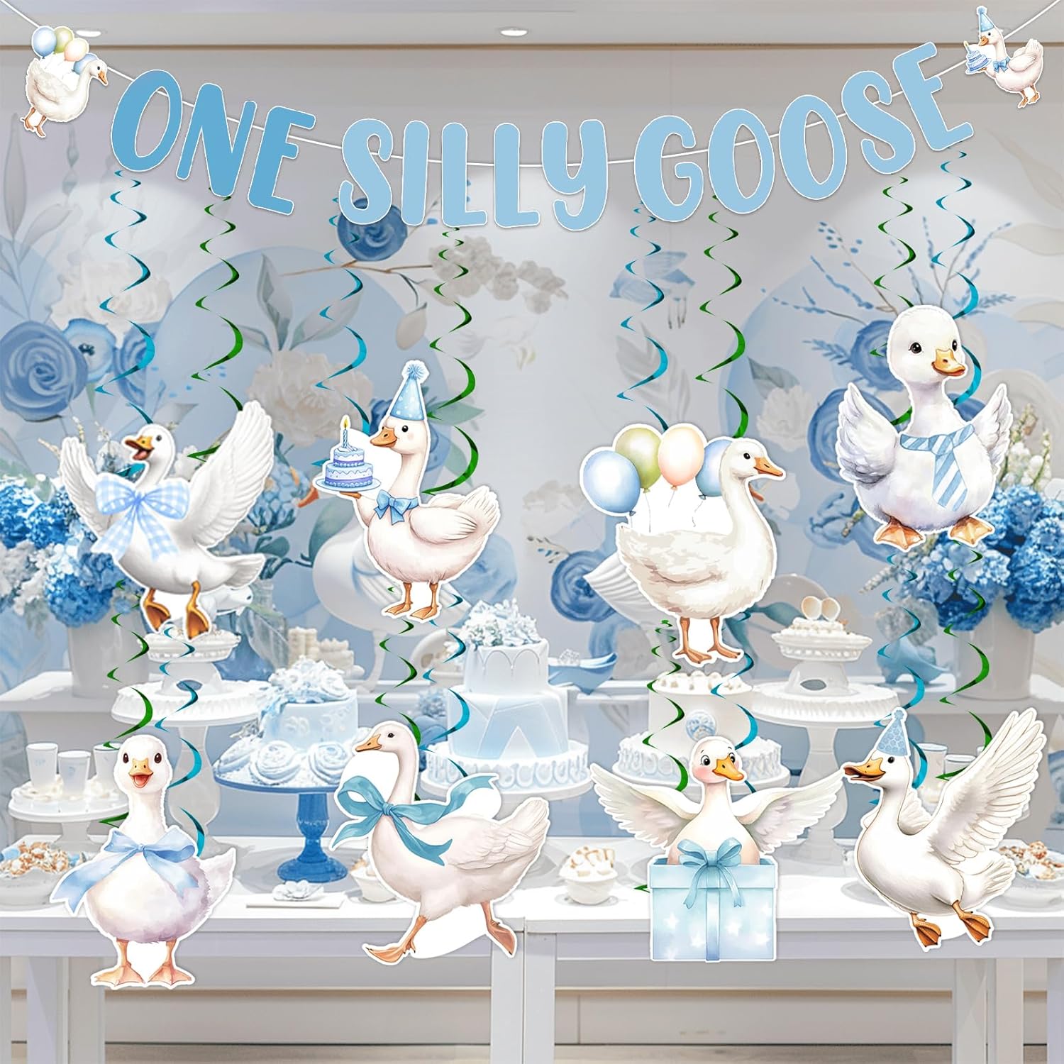 One Silly Goose Banner Hanging Swirls Blue Bow Silly Goose First Birthday Decorations Farm Animal Banner for Boys 1st Birthday Party Supplies