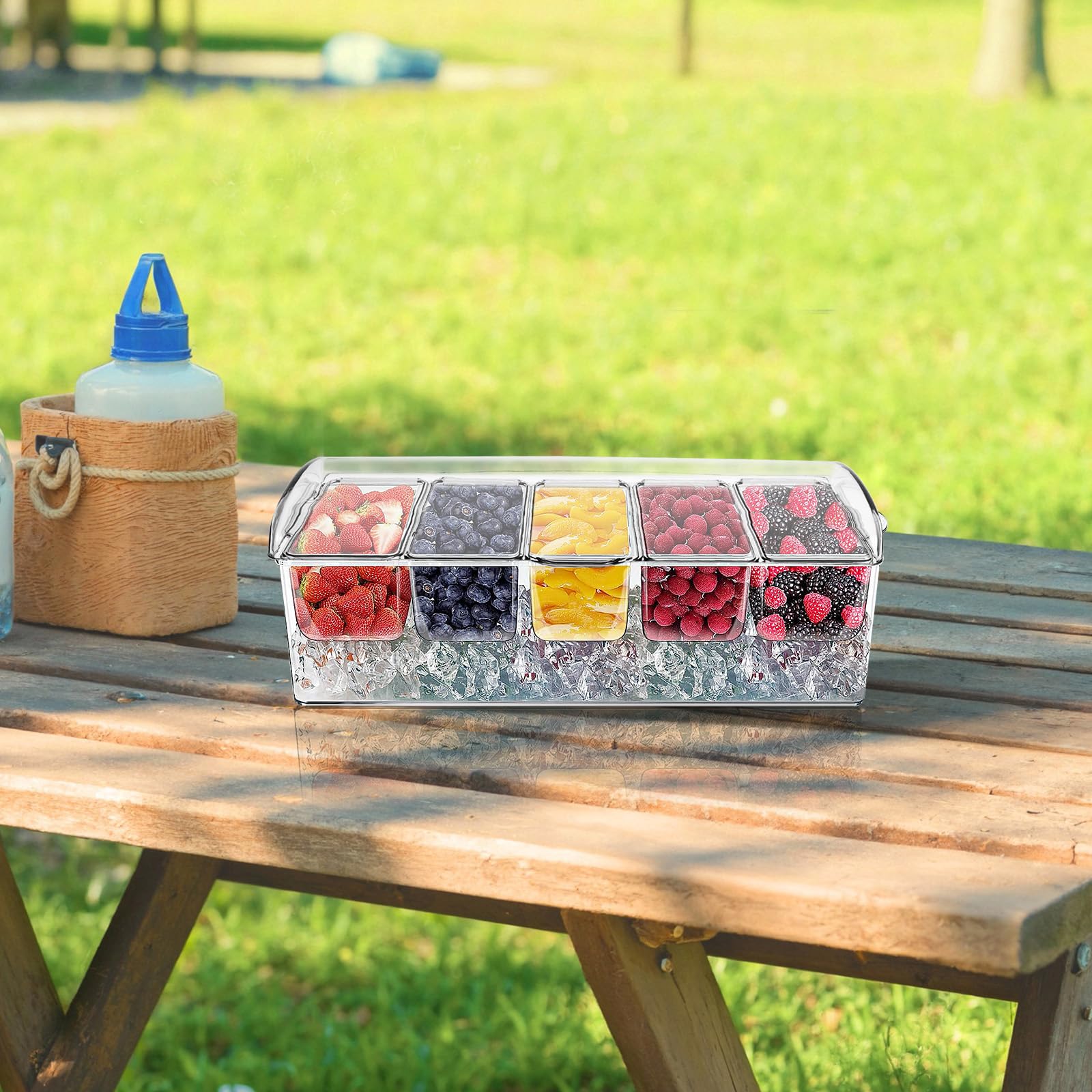 Salatbox Kunststoff,Kühlbox für Picknicks mit 5 abnehmbaren Behältern,Transparente Salatschale mit Deckel für Barzubehör,Obstsalat und Lebensmittel