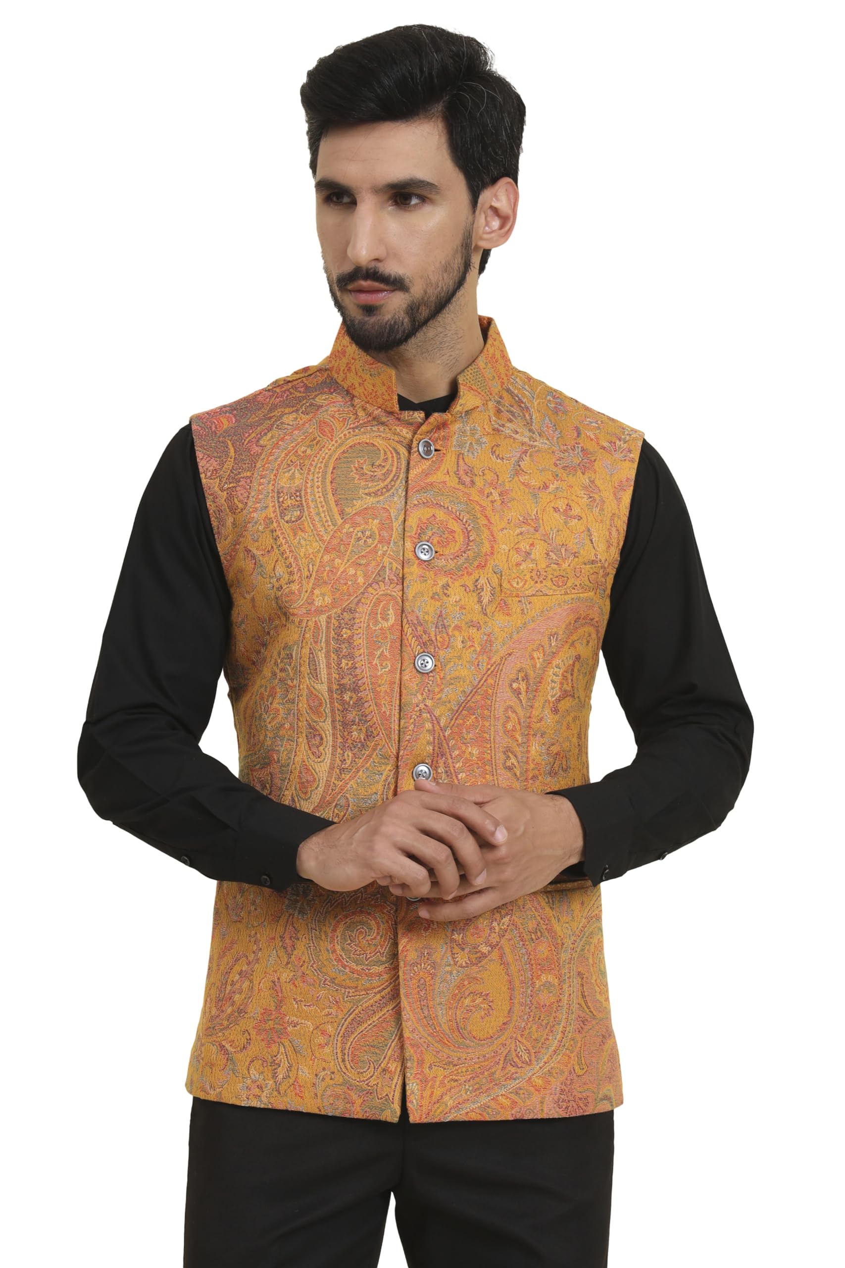 Mens Woven Jacquard Waistcoat, Structured Slim Fit, Mustard