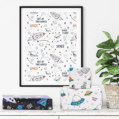 Miniatura 7 de Whaline 12 hojas de papel de regalo para el espacio exterior, plegado, plano, astronauta, galaxia, nave espacial, papel de regalo blanco, negro,