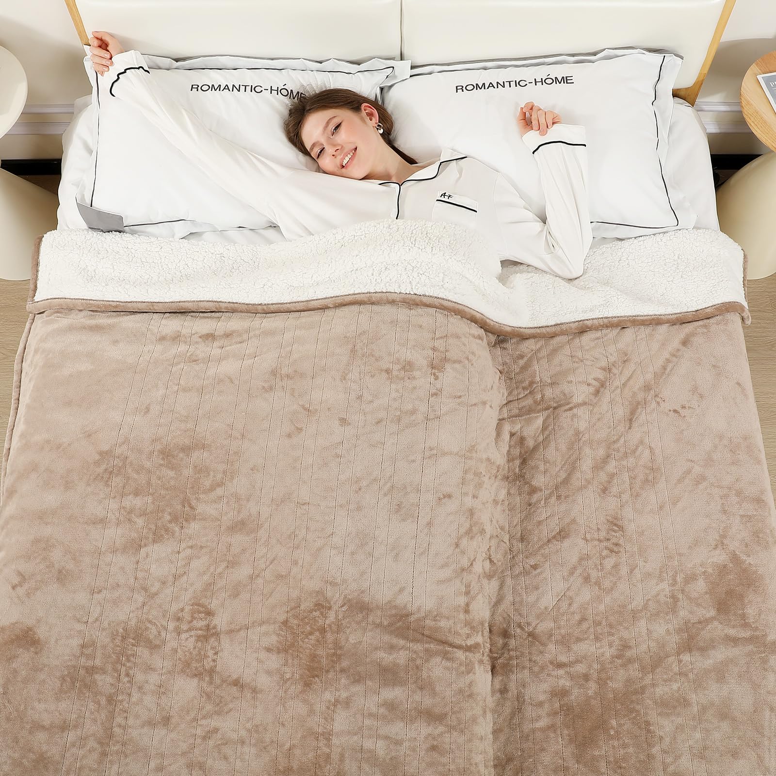 ESTINGO Wärmedecke 180x130cm, Heizdecke mit Abschaltautomatik, 6 Heizstufen, 10-Stunden-Timer, Überhitzungsschutz, Weich Flanell&Sherpa, Maschinenwaschbar, Beheizbare Decke für Sofa, Bett, Büro, Beige