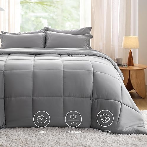Miniatura 4 de Bedsure Full Size Comforter Set - 7 Pieces Solid Full Bed in a Bag, Full Bed Set Grey with Quilted Warm Fluffy Comforters, Sheets, Pillowcases &