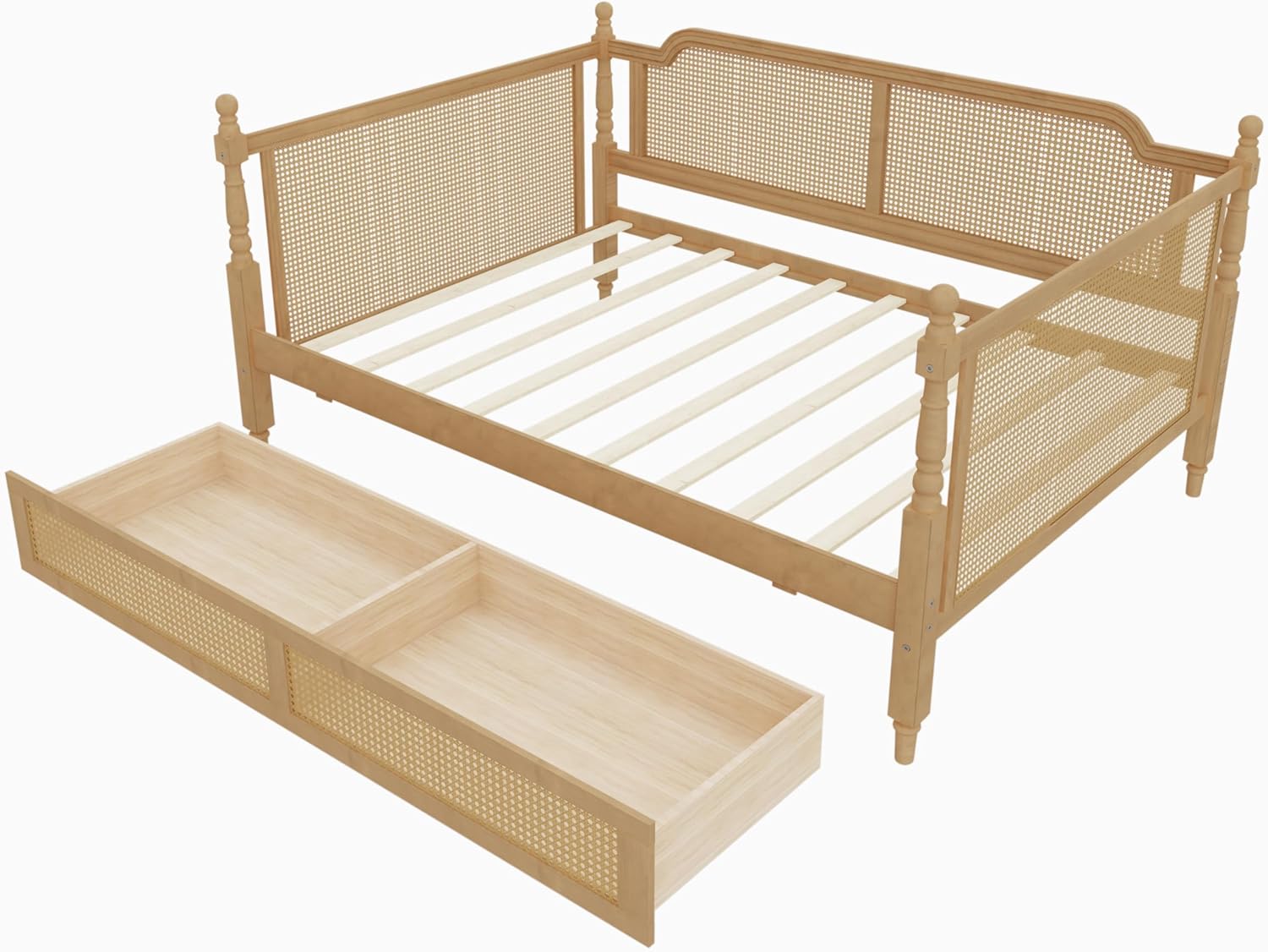Traditional Style Rattan Full Size Daybed with 2 Drawers,Full Size Wood Daybed Frame for Limited Space, Guest Room,Bedroom, Dormitory, Apartment (Full +with 2 Drawers/Walnut)
