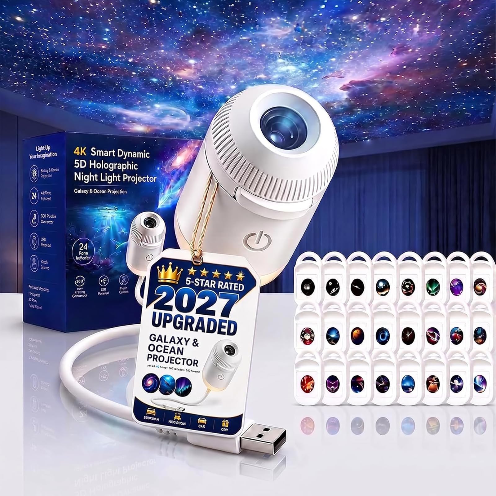 Pealeaf 5D Holographic Galaxy Projector, Plug and Play Ocean and Star Projector Night Light for Bedroom Ceiling, Dynamic Ambient Lamp for Kids, Teens and Adults (24 Films)