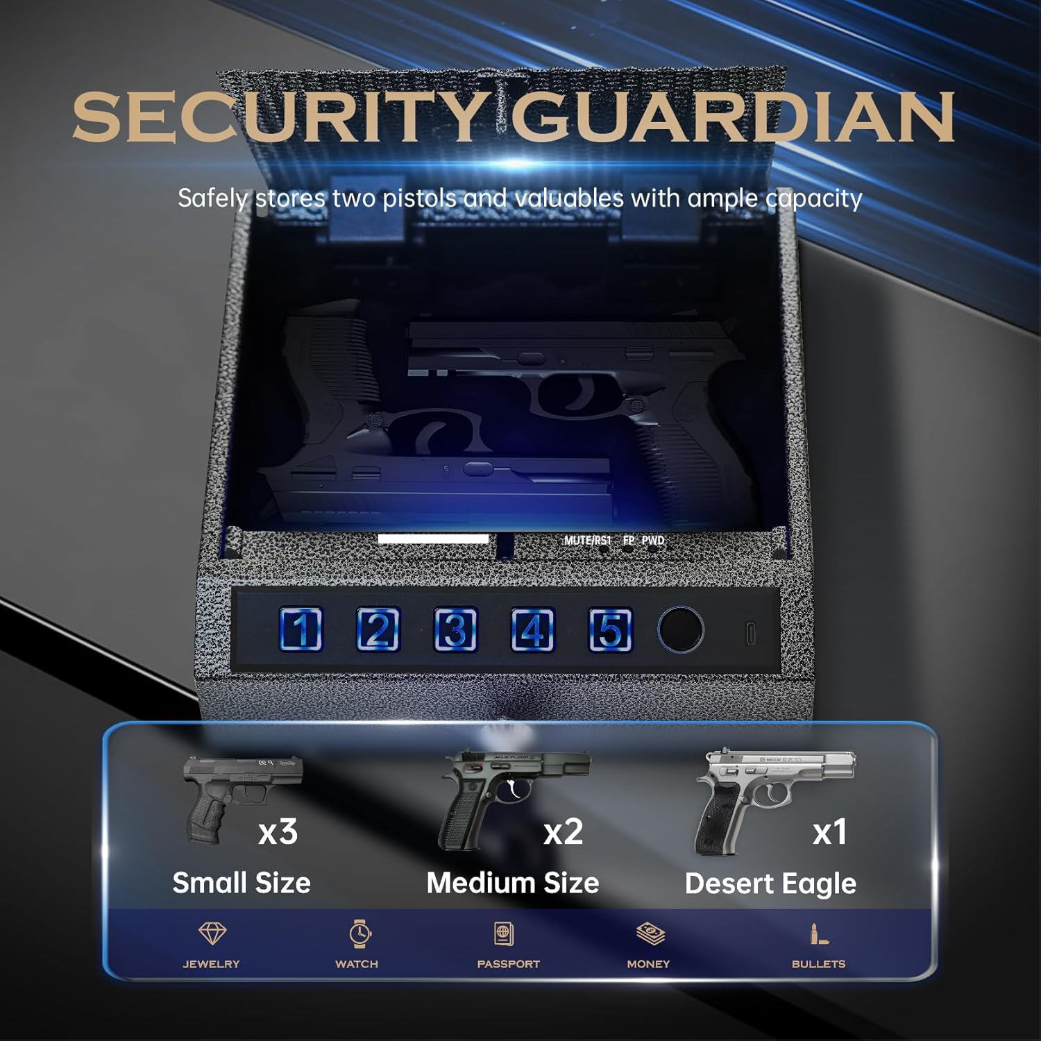 Gun Safe, Biometric Gunsafe for 2 Pistols, Fingerprint, Digital PIN and Key 3 ways Unlock, Handgun Safe Lock Box for Home Bedroom Nightstand and Car, Metal Case, USB-C Charging, Rechargeable
