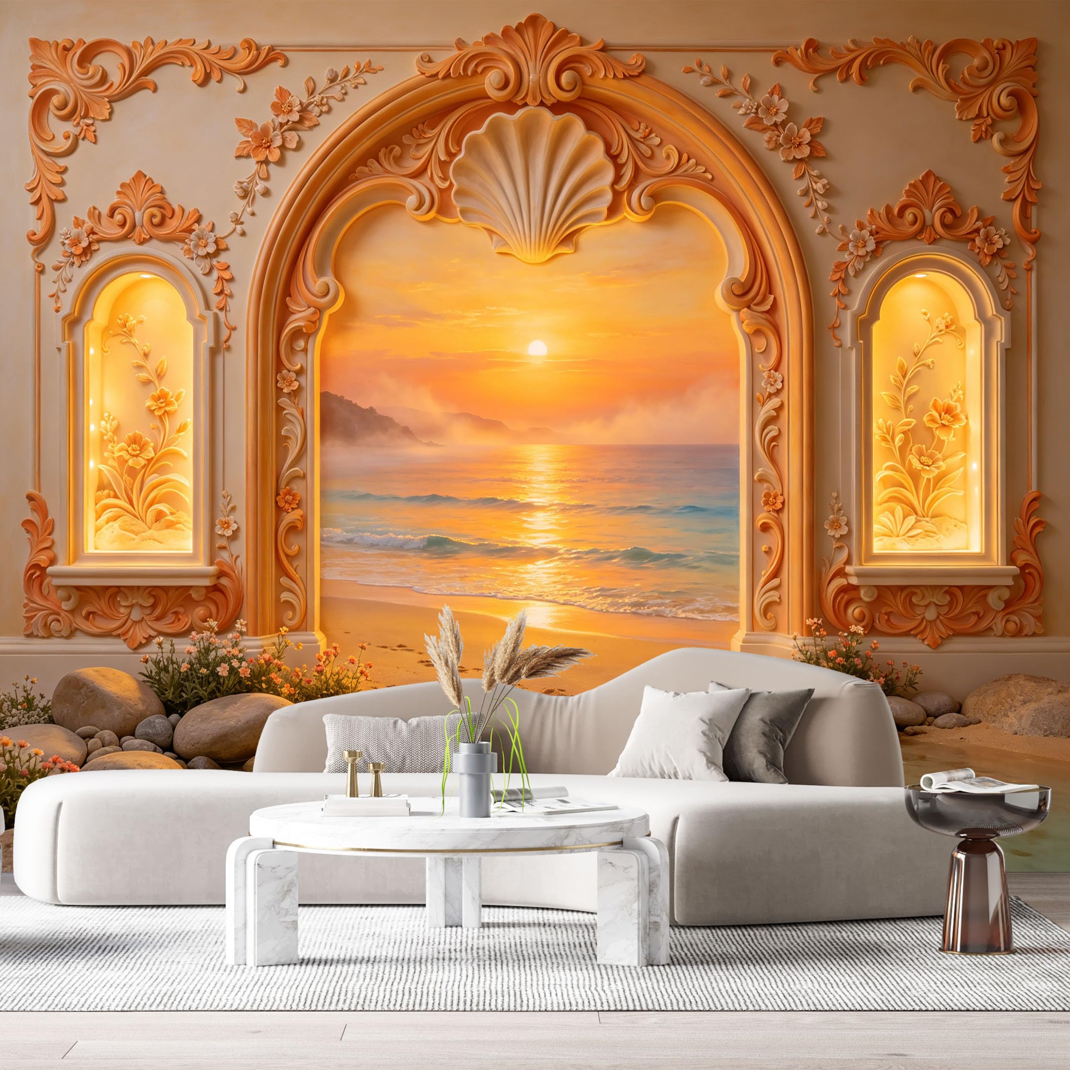 Custom Size Wall Murals Coastal Sunset Ocean Arch 3D Trompe L'Oeil SelfAdhesiveWall Fabric Removable Wallpaper Wall Decor for Living Room Bedroom Bathroom