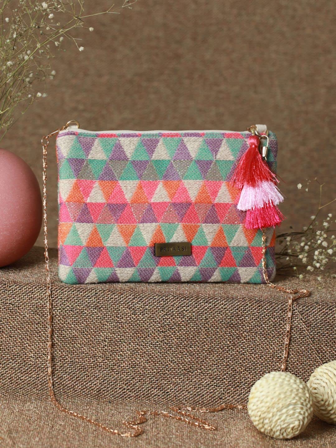 Priyaasi Multicolor Geometric Pattern Jacquard Cloth Sling Bag for Women | Stylish, Trendy, & Casual Chain Sling Bag with Zipper Closure | Detachable Strap - Image 4 thumbnail
