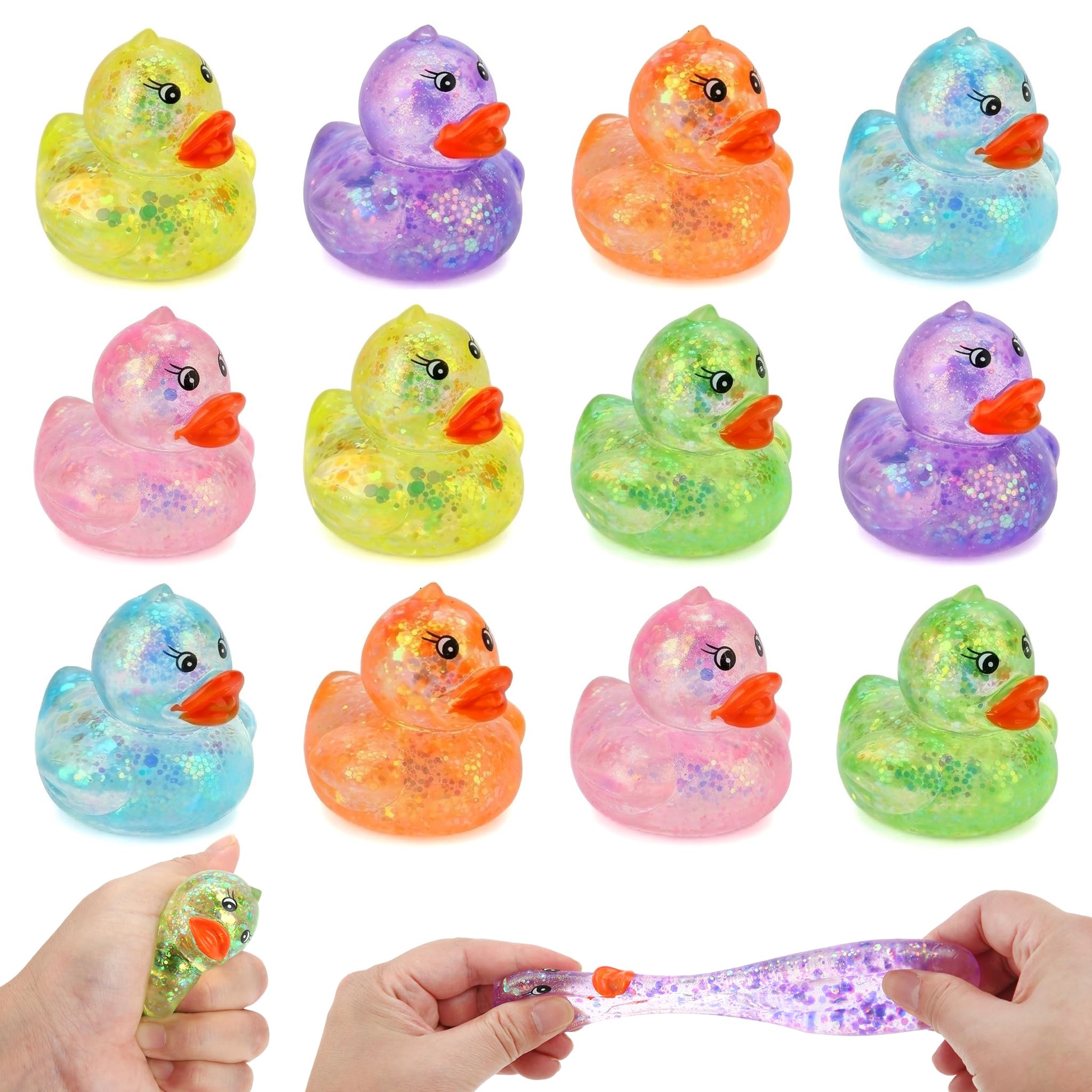 Photo 1 of 12 Pcs Gliter Mini Duck Squishy, Cute Colorful Slow Rise Fidget Stress Balls for Adult Sensory Ducks for Gifts Office Stocking Stuffer ADHD Autism Anxiety Relief
