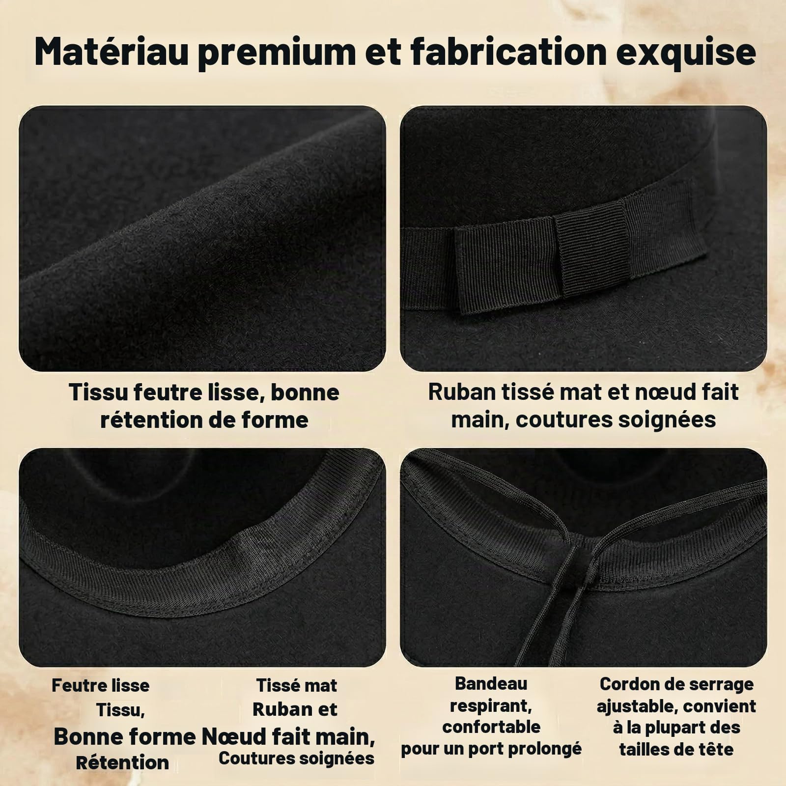 Chapeau Fedora à large bord pour femmes et hommes Upstore – Chapeau Panama classique en feutre avec bande (Circonférence de tête : 56-59 cm / 22-23 pouces) Noir