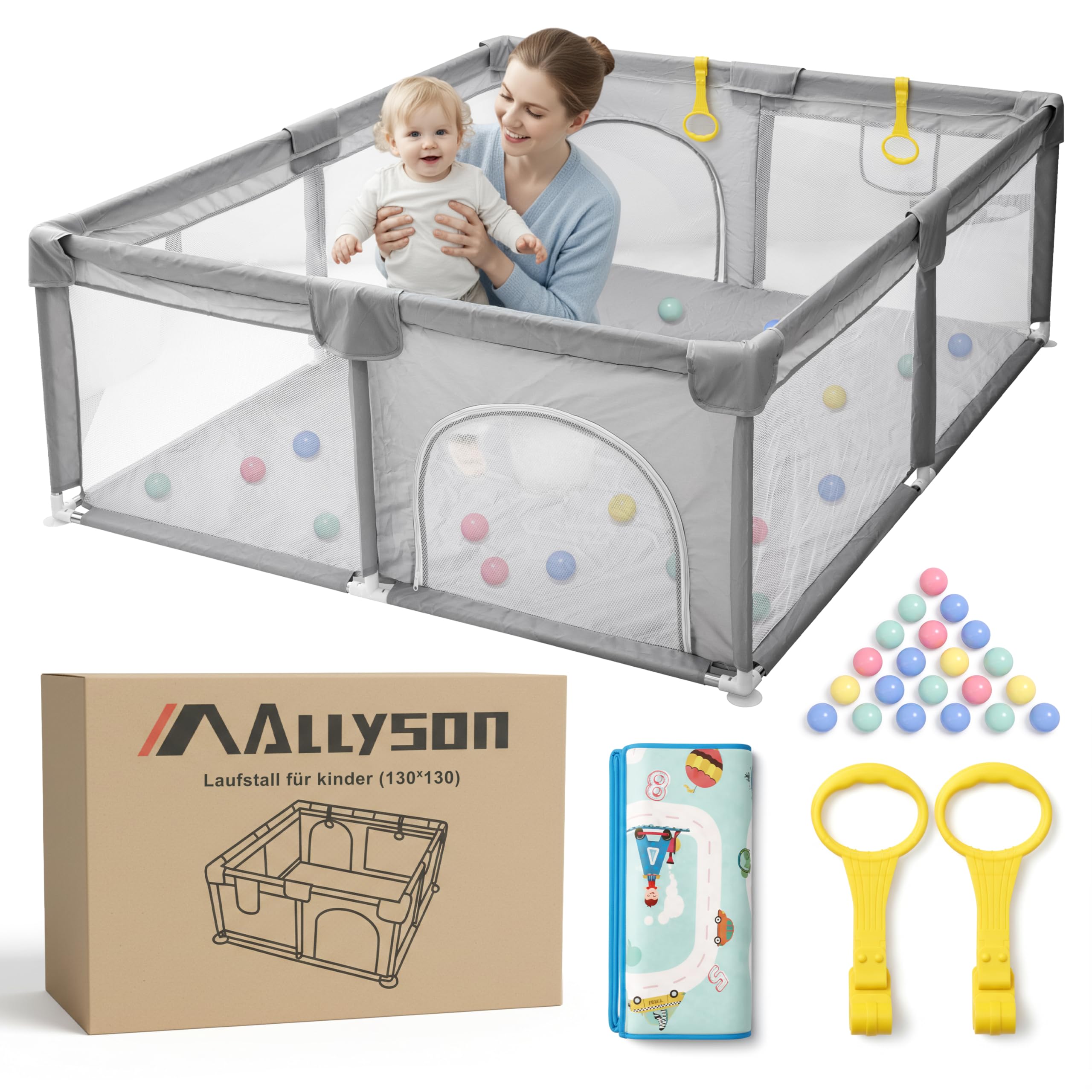 Allyson® Laufstall faltbar mit Matte 130x130, Großes Laufgitter & Playpen sicher & stabil, Kinderlaufstall Indoor & Outdoor, Spielgitter Zaun, tragbarer Laufstall klappbar (130x130)