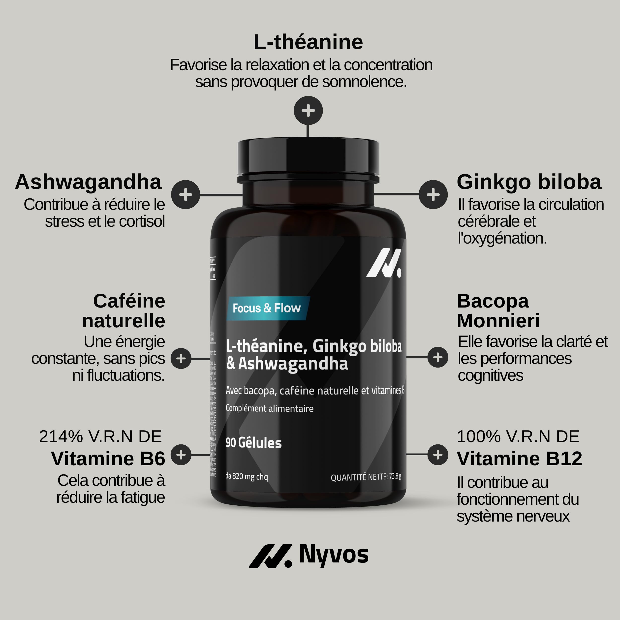 L-Théanine, Ginkgo Biloba, Ashwagandha – Nootropique avec Bacopa Monnieri, caféine naturelle, vitamines B6 & B12 fortement dosées | Focus, concentration & énergie sans nervosité | 90 gélules véganes