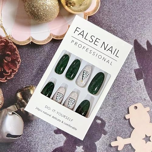 Miniatura 5 de 24 uñas postizas de Navidad a presión de longitud media almendras diseño de árbol de Navidad uñas adhesivas con diseños de purpurina verde uñas