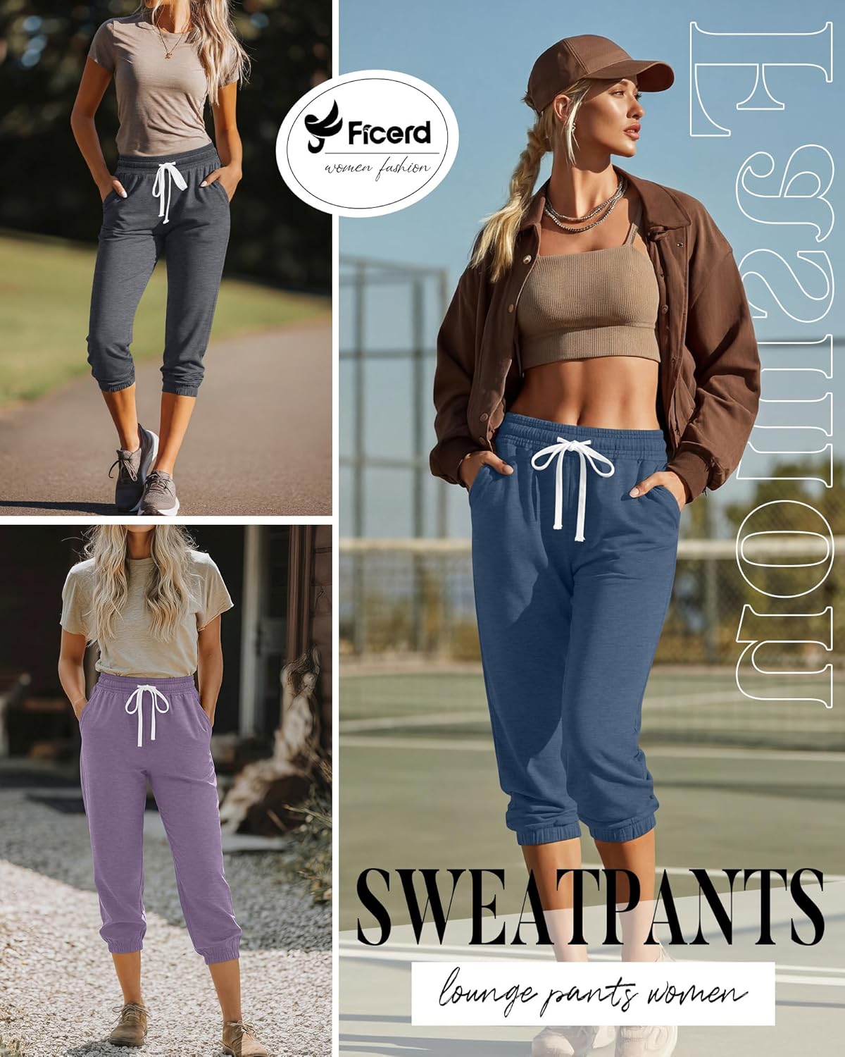 Ficerd 3 Pcs Women's Capri Sweatpants Joggers Summer Casual Sports Cropped Lounge Pants High Waisted Athletic with Pockets - Image 4