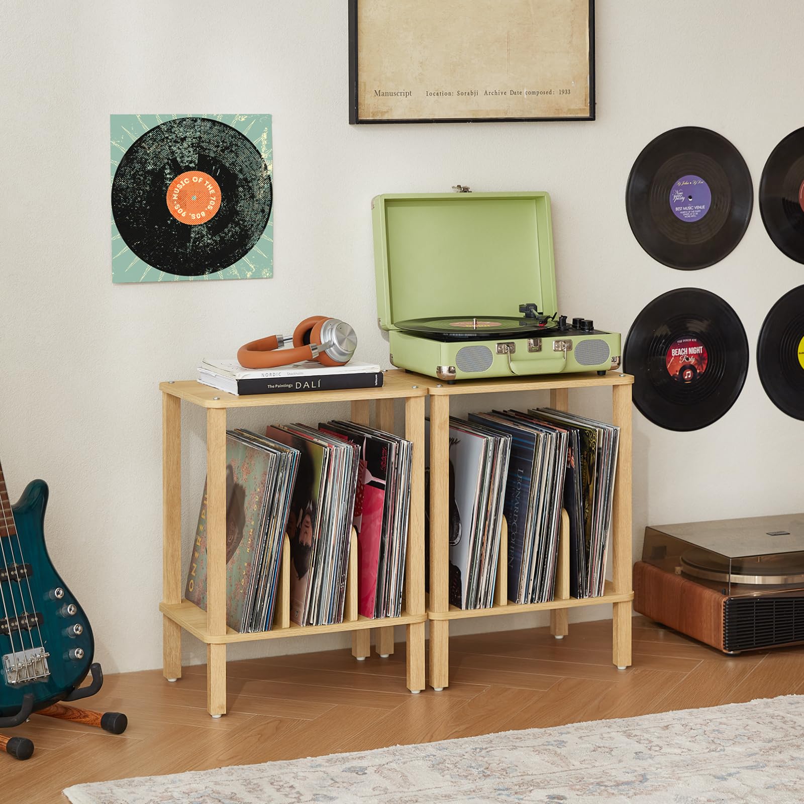 LELELINKY 2-Tier Stand de Disque en Bambou avec disques vinyles de Stockage jusqu'à 100 Albums, Porte-Disque Chambre Boho et Table d'extrémité Multifonctions pour Le Salon,Bois Naturel