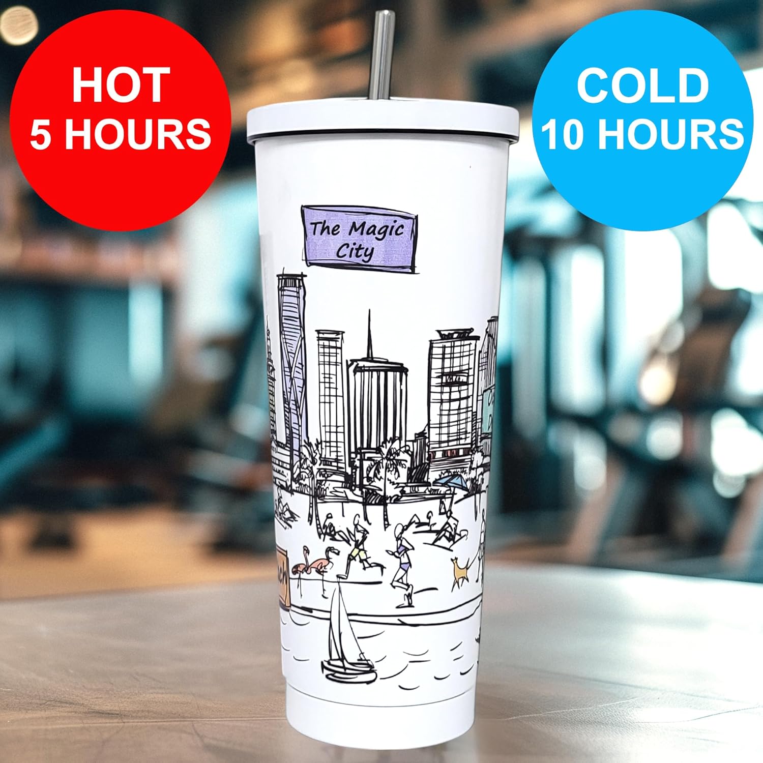 Cities Around the World 25 Oz Tumbler Series- Designed in the USA- Vacuum Insulated Tumbler with Lids Straw - Stainless Steel Coffee Water Travel Mug, Cup for Hot Cold Drink (Miami) - Image 6