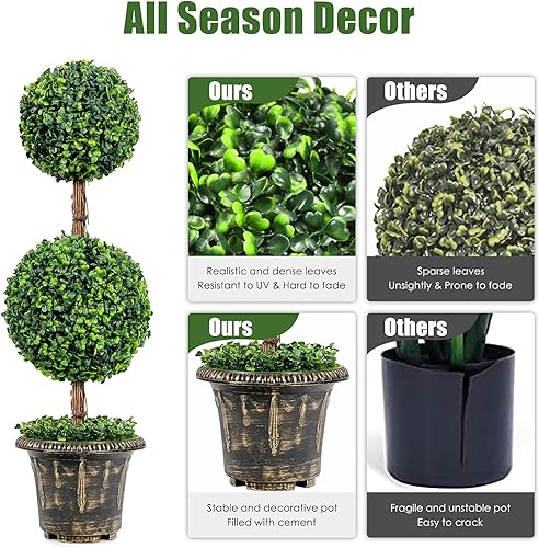 Miniatura 4 de Goplus Árbol topiario artificial de boj de 3 pies, plantas de vegetación falsas, árbol de bolas, hojas y maceta de plástico rellena de cemento,