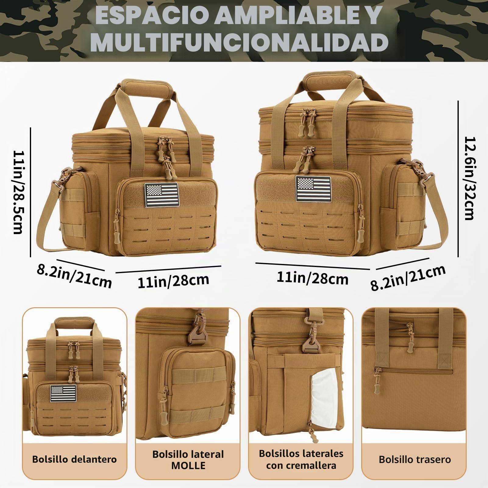 QT&QY - Caja Térmica Táctica Extensible 13L/18L para Hombres Bolsa Frigorífica Militar Impermeable con Correas MOLLE para Trabajo, Camping, Picnic