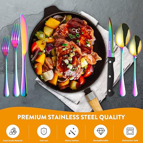 Miniatura 3 de Juego de cubiertos dorados de 48 piezas con organizador, cubiertos de acero inoxidable con cuchillo para carne para 8, cubiertos KITWARE con bandeja