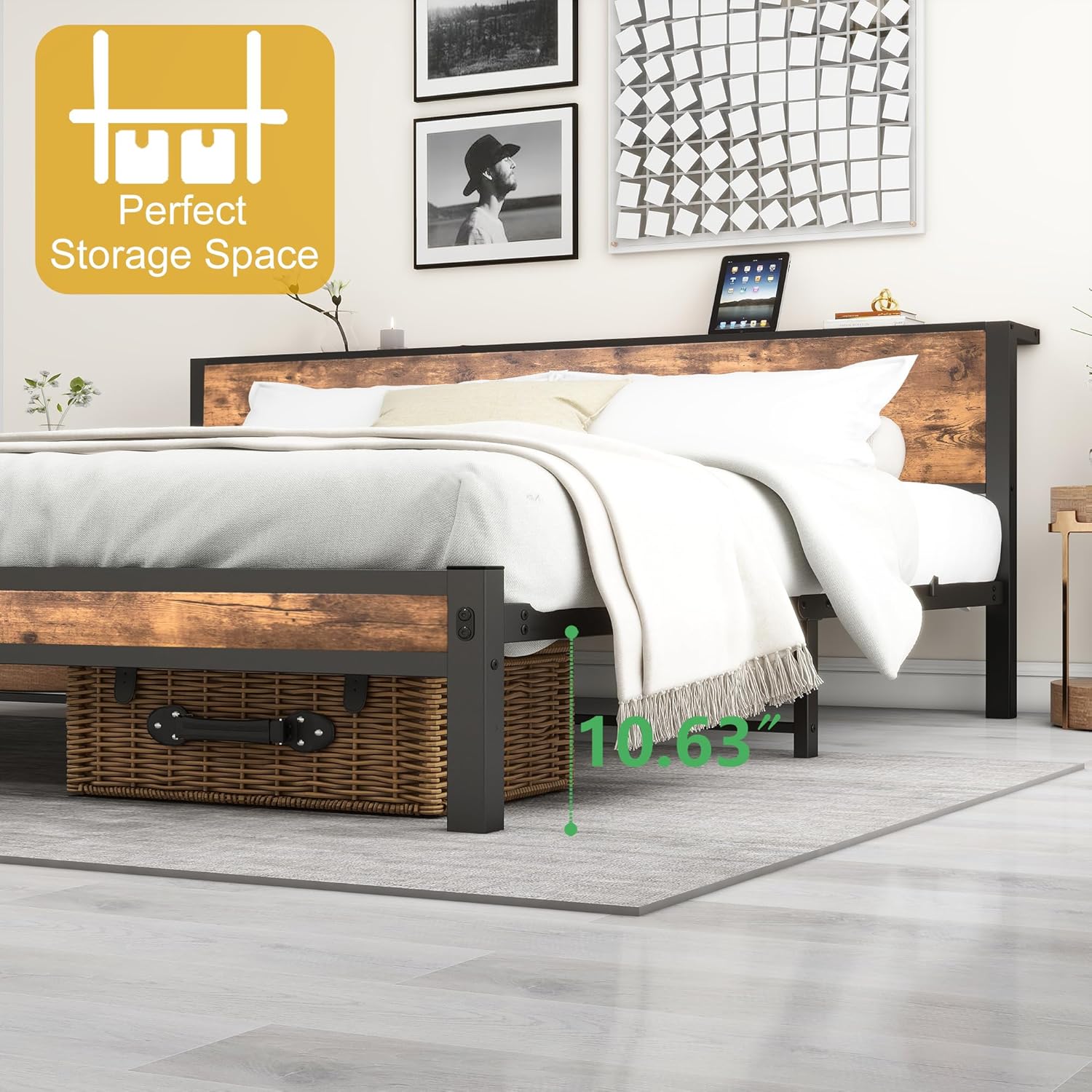 DUMEE Full Bed Frame with Wood Storage Headboard, Metal Platform Bed Frame Full, No Box Spring Needed, Noise Free, Reinforced Strong Support Leg, Textured Black&Brown Oak - Image 7