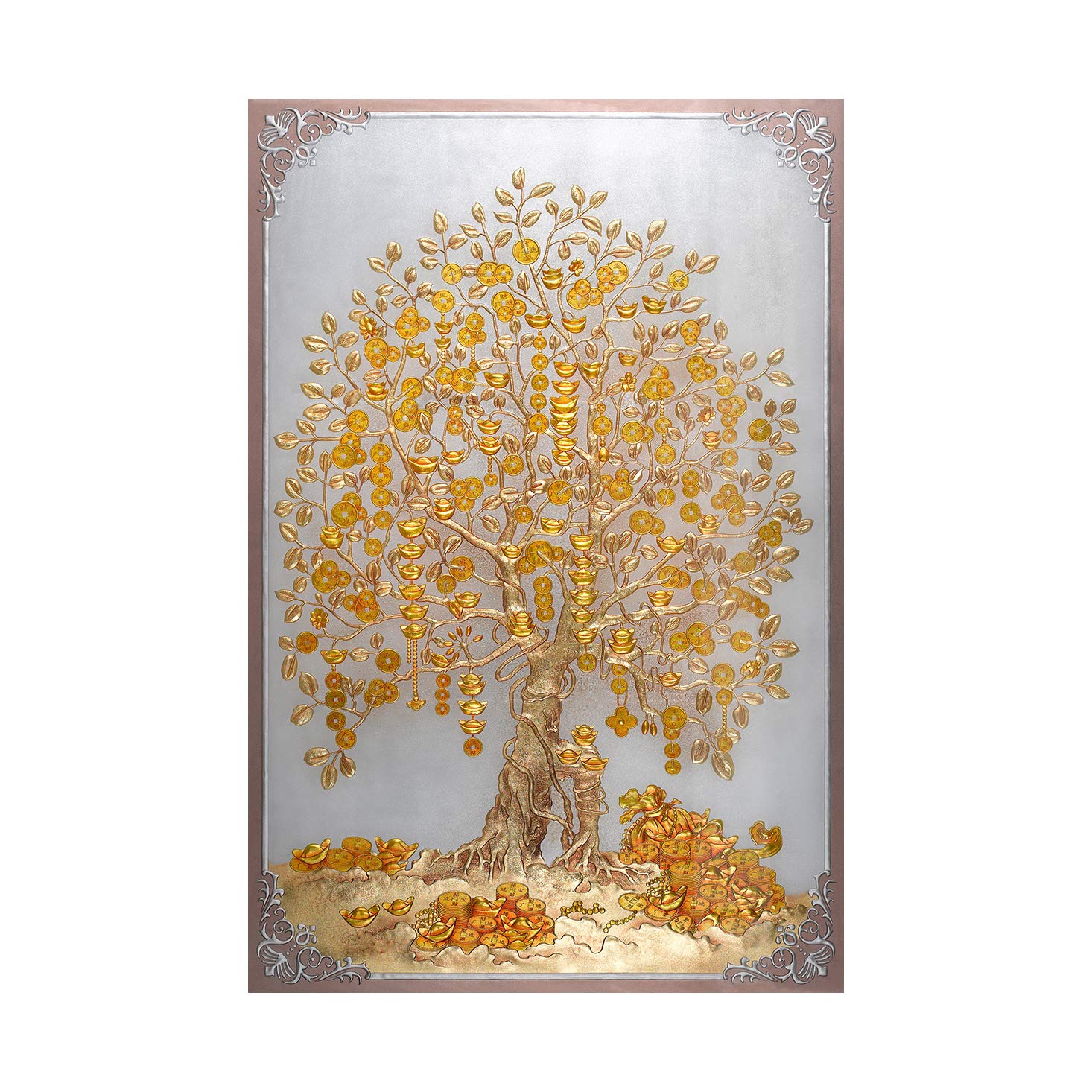 Dharvika Innovations Beautiful Golden Tree Painting Sparkle Coated Self Adhesive Wallpaper Without Frame Digital Reprint 24 inch x 36 inch Painting