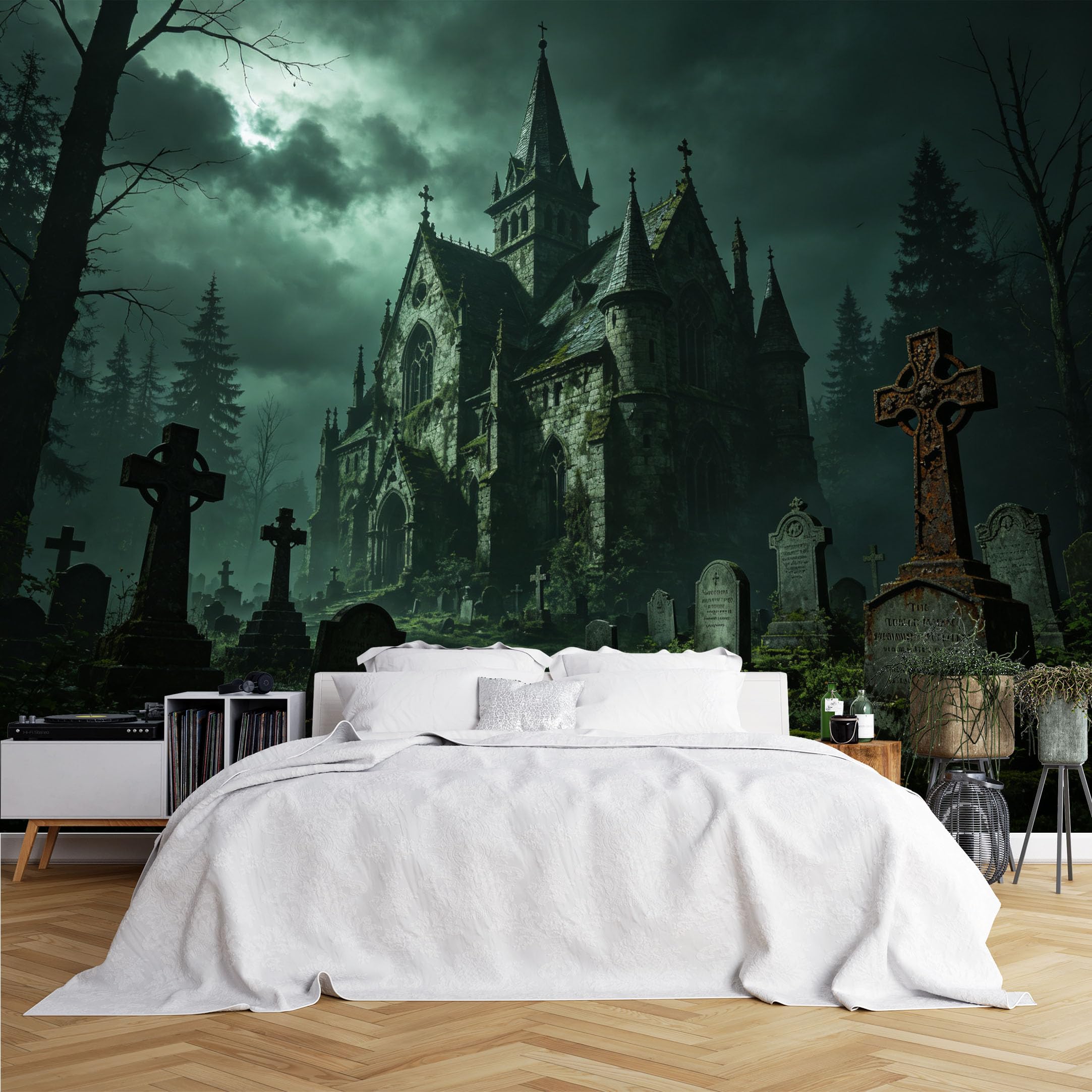Lcythiazole Ch260615005 Custom Size Wall Murals Abandoned Gothic Cemetery Church Wall Murals Dark Misty Spooky Forest Wallpaper Realistic Self-Adhesive Removable Wallpaper For Hallway